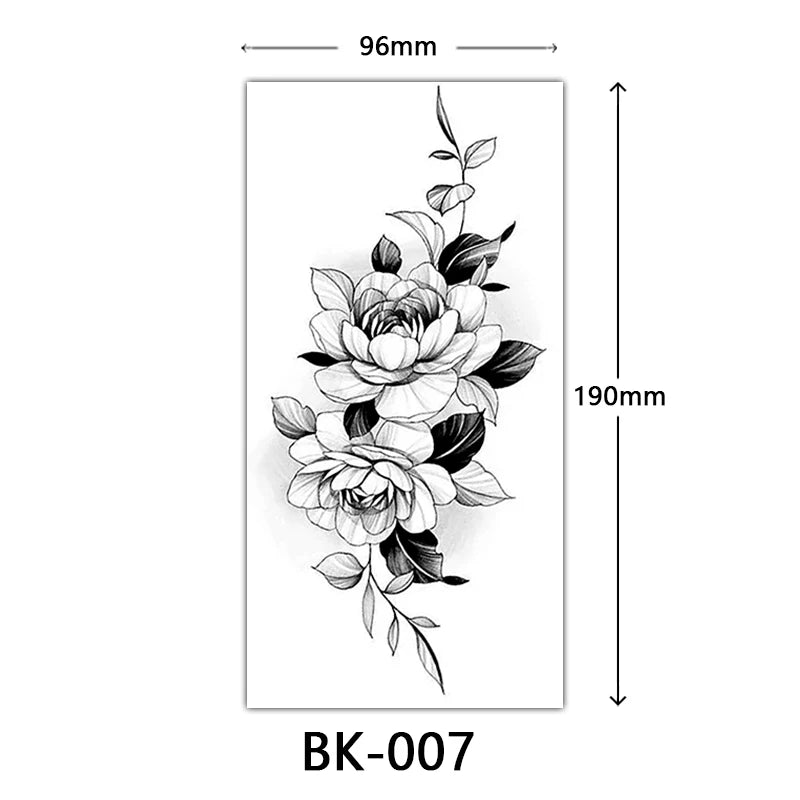 Black Floral Temporary Tattoo Stickers – Waterproof Fake Flower Tattoos for Hand, Arm, Body