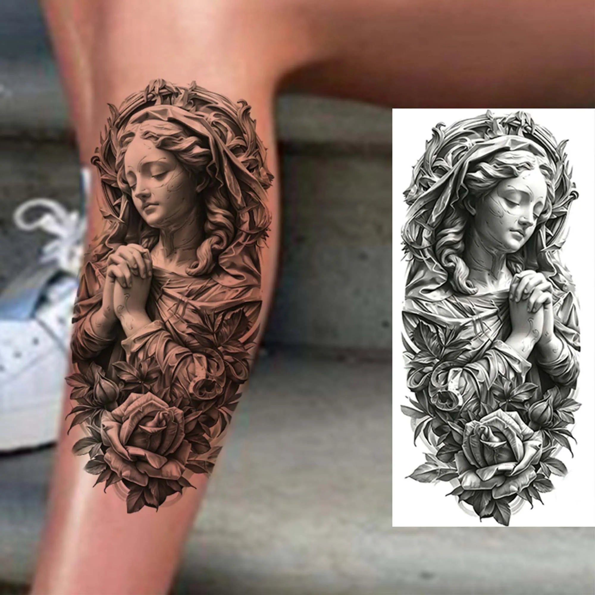 1pc Black Jesus Mary Cross Temporary Tattoo Stickers – Realistic Christian Prayer Tattoo Waterproof