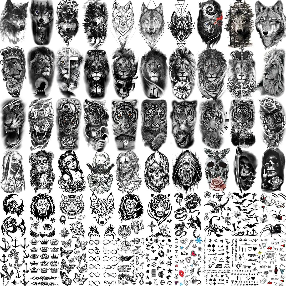 Beast Pack – Wolf Tiger Skull Tattoo Set (60 Sheets)