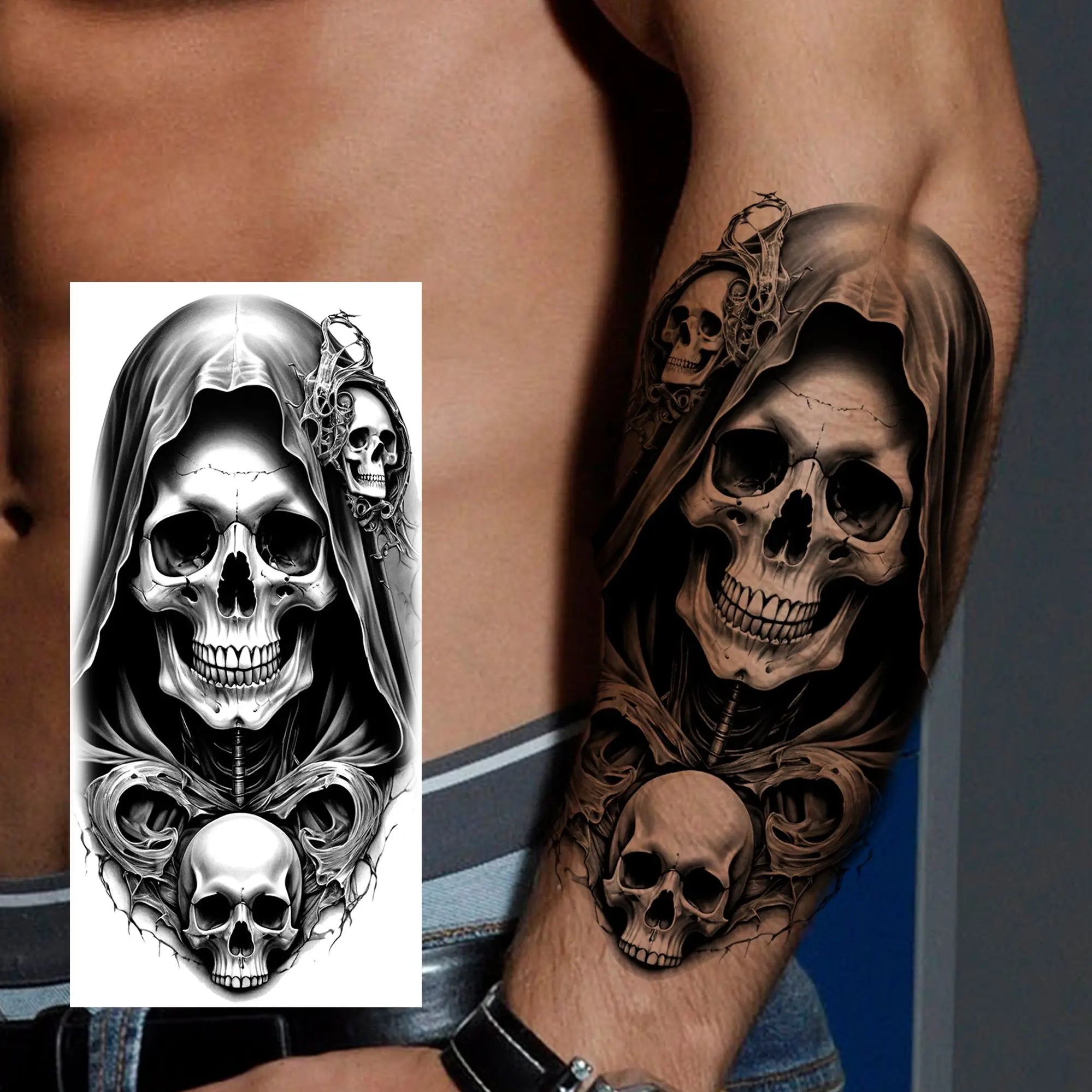 Grim Reaper Skull Pirate Temporary Tattoo – Halloween Fake Tattoo Sticker (1 Sheet)