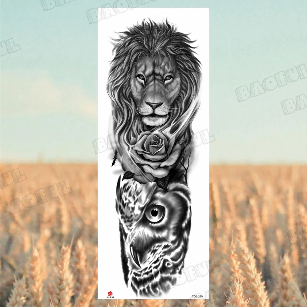 1 Sheet Wolf Lion Maori Flower Arm Sleeve Temporary Tattoo Sticker – Realistic Waterproof Fake Tattoos for Body