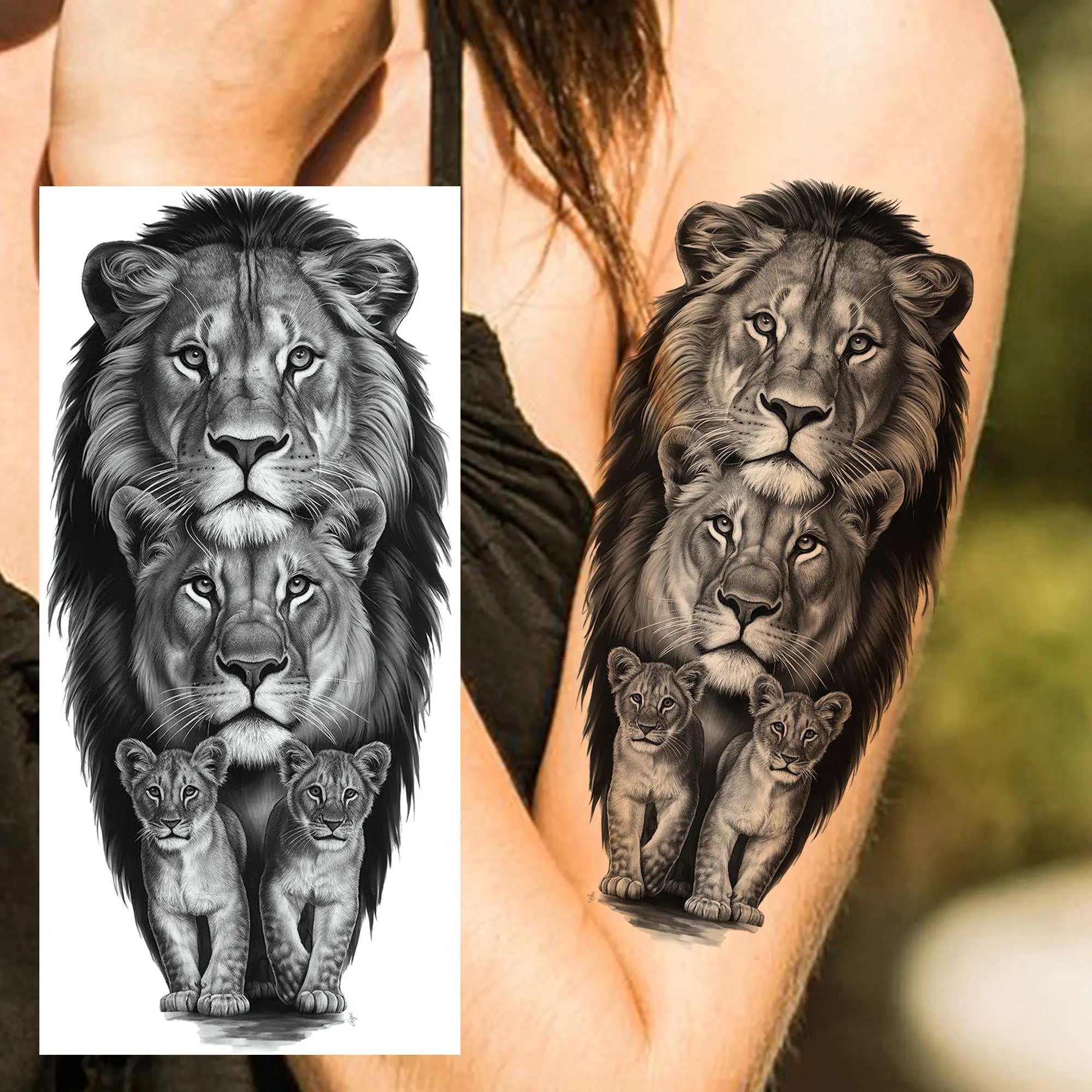 1pc Black Animal Realism Temporary Tattoo Stickers - Tiger Lion Wolf Clock Skull Eye