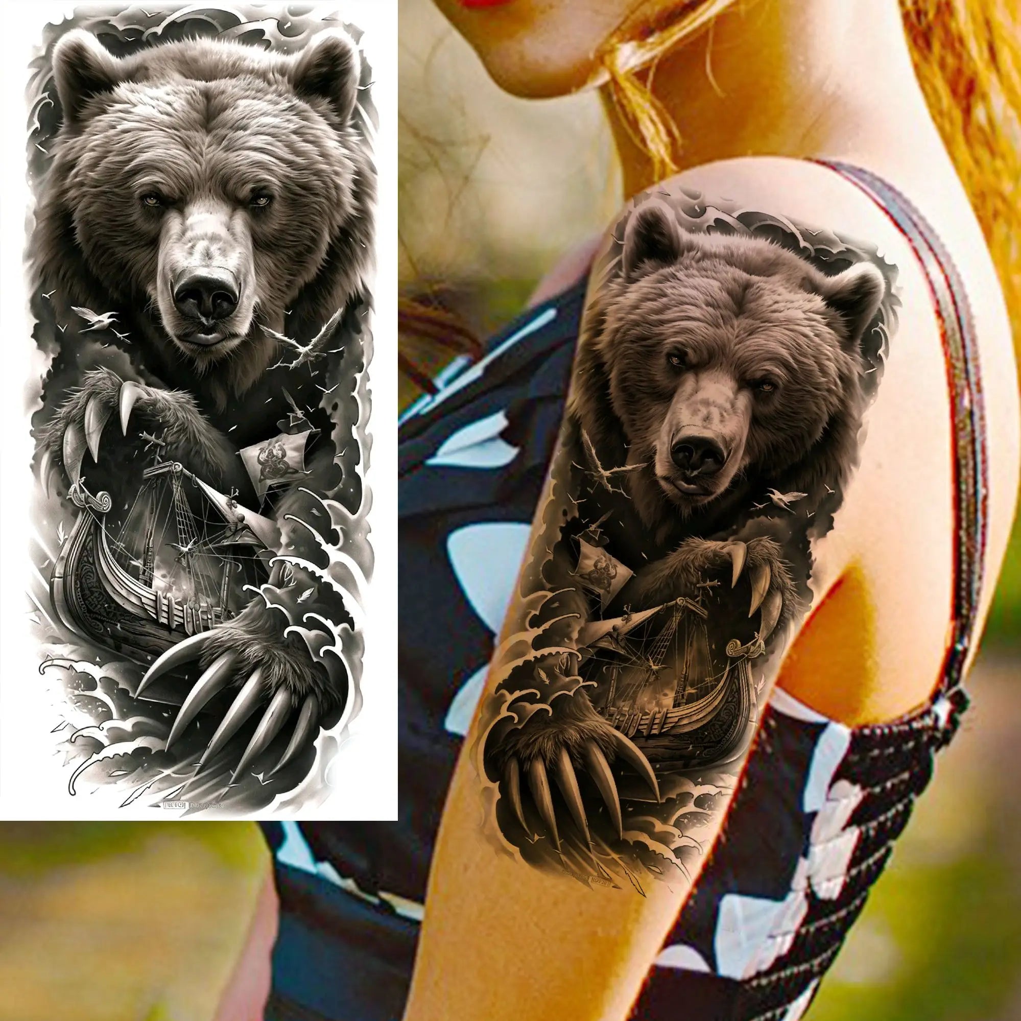 1 Sheet Realistic Beast Tattoo Stickers – Bear, Tiger, Wolf, Owl Waterproof Temporary Sleeve Tattoo for Arm and Leg