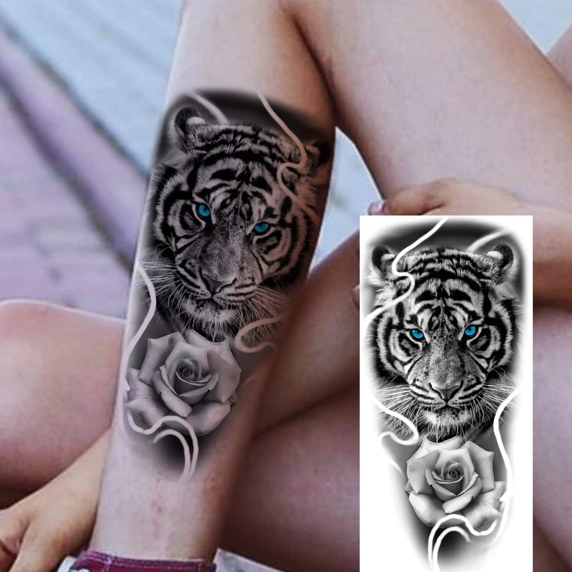 1pc Black Animal Realism Temporary Tattoo Stickers - Tiger Lion Wolf Clock Skull Eye