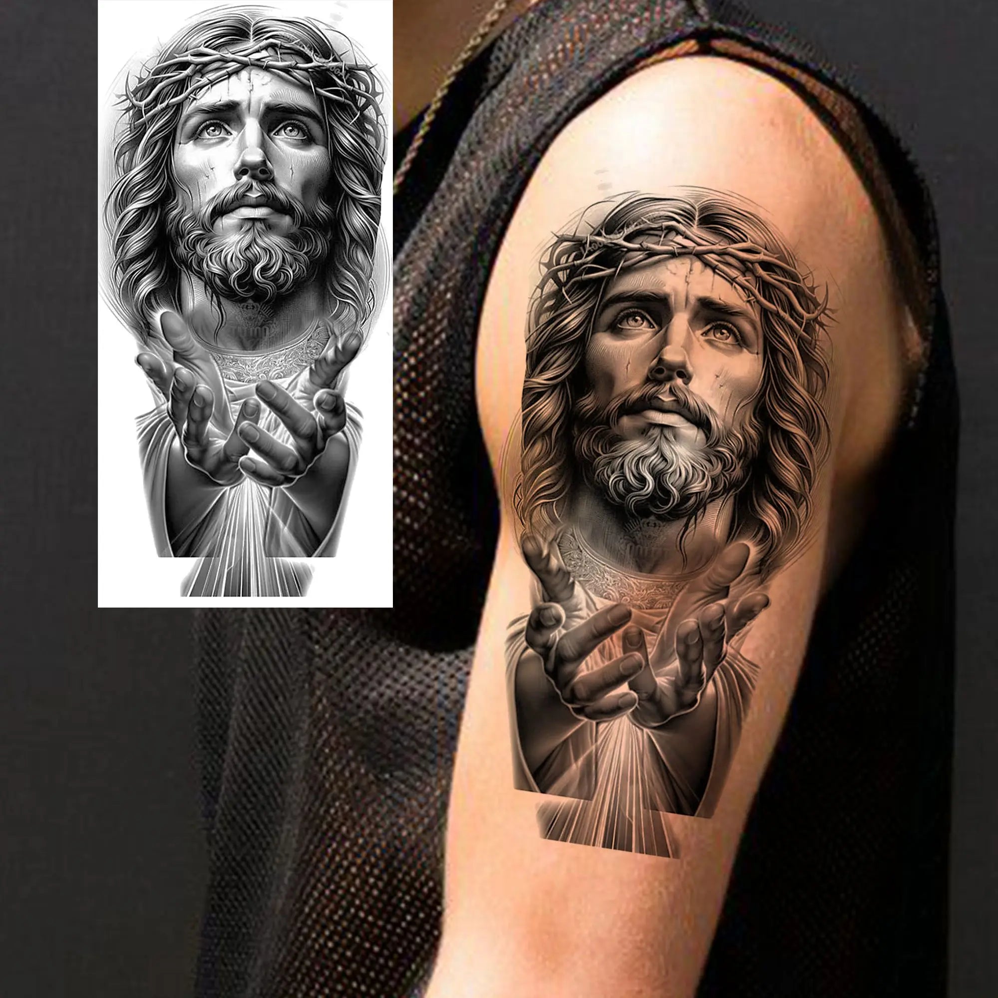 1pc Black Jesus Mary Cross Temporary Tattoo Stickers – Realistic Christian Prayer Tattoo Waterproof