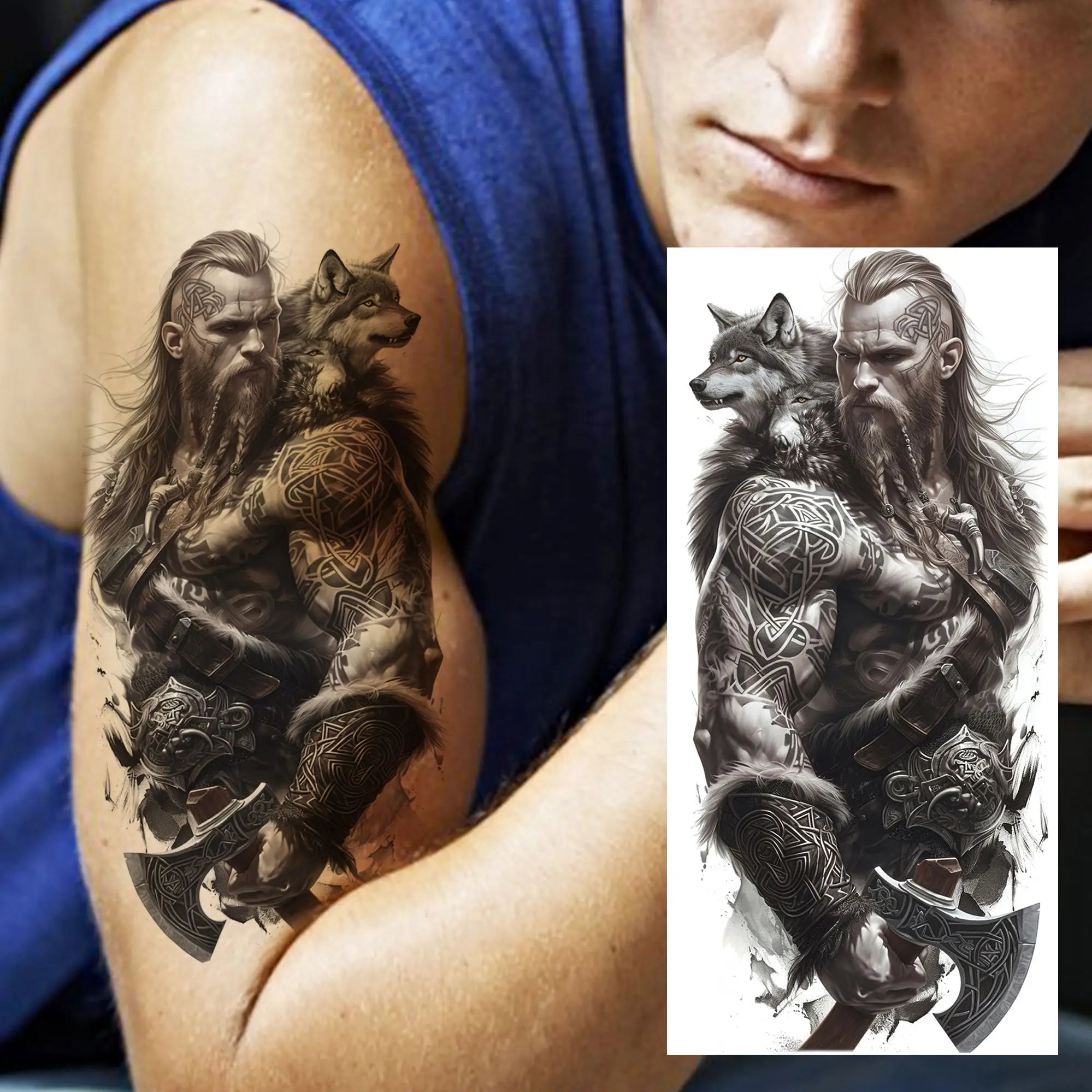 1pc Black Warrior Spartan Temporary Tattoo Stickers – Gladiator Helmet Lion Wolf Armor Design