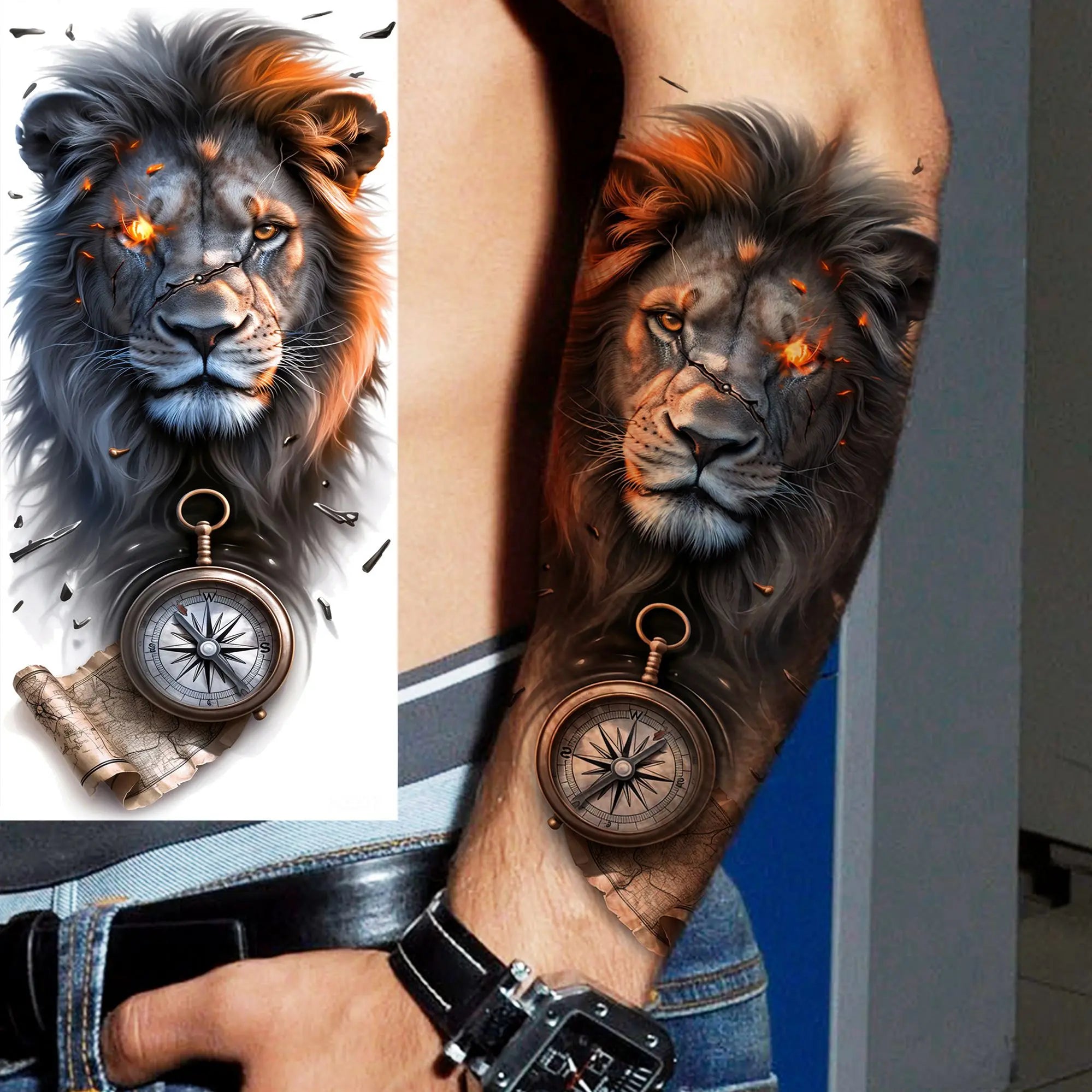 Lion Tiger Wolf Skull Dragon Temporary Tattoo – Realistic 3D Fake Tattoo Sticker (1 Sheet)