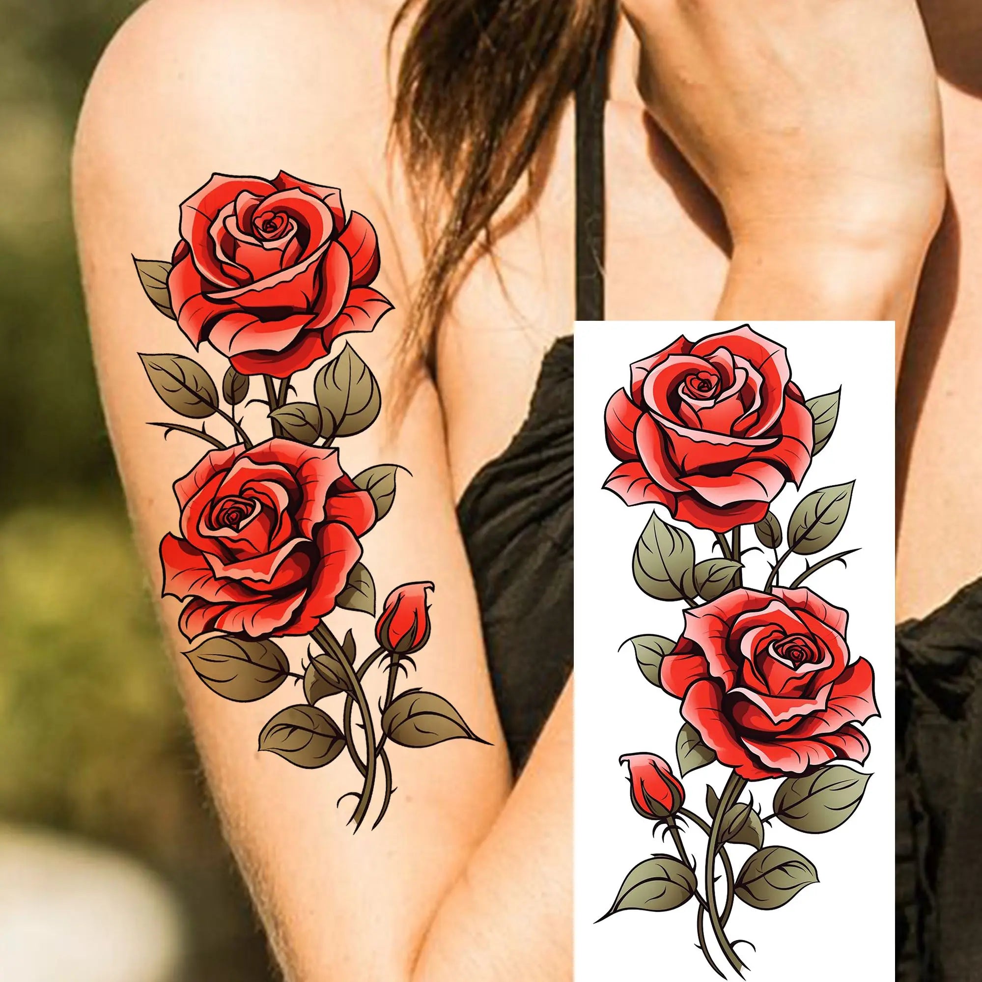 1 Sheet Watercolor Tiger Rose Temporary Tattoo Sticker – Waterproof Fake Tattoo with Floral & Bird Design