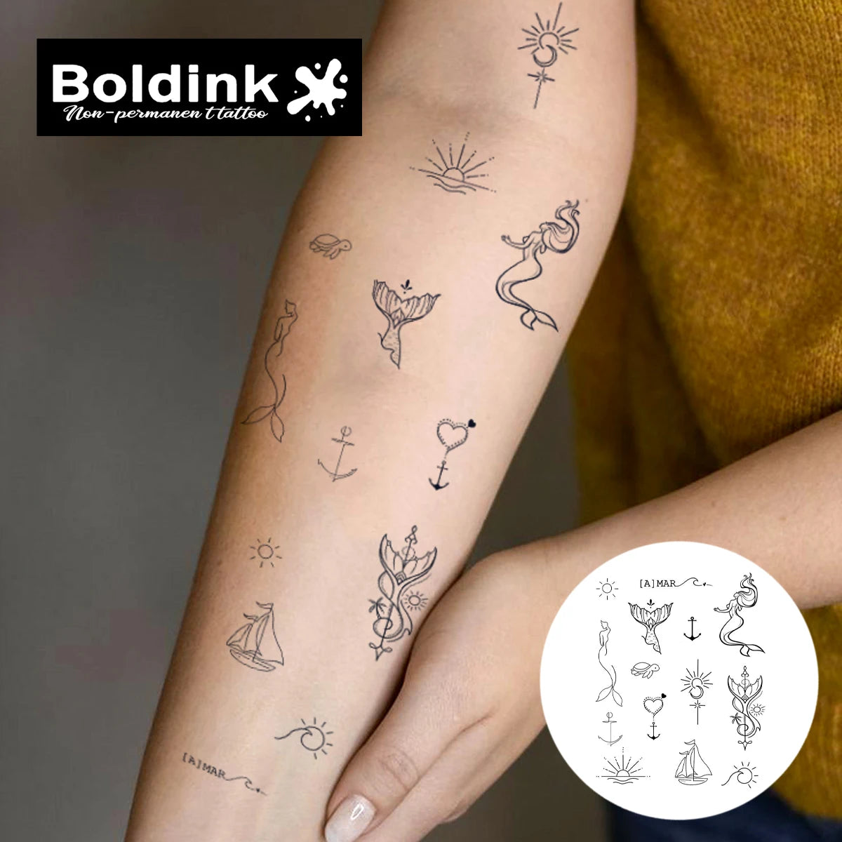 Mermaid Set – Nautical & Ocean Symbol Tattoos (1 Sheet)