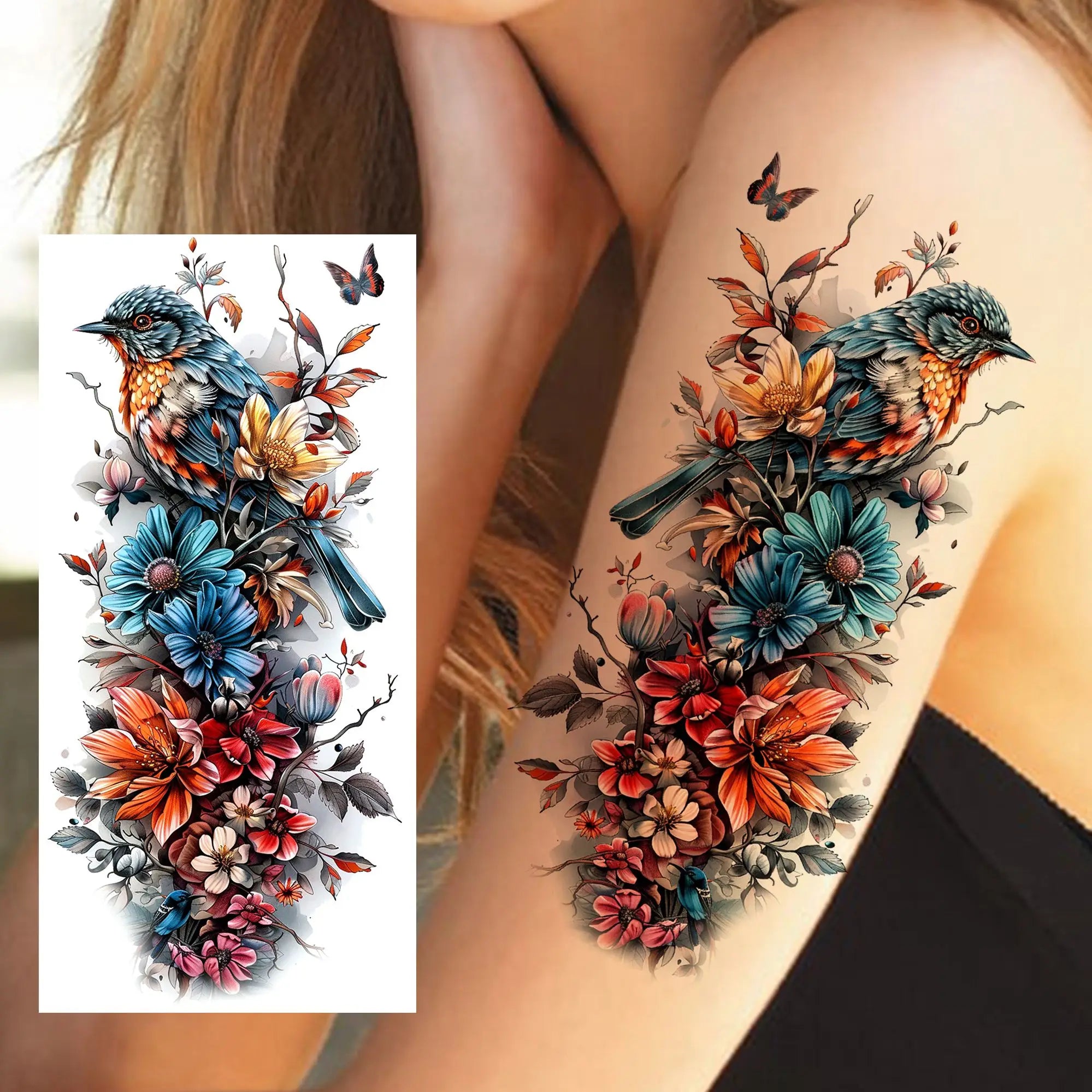 1 Sheet Watercolor Tiger Rose Temporary Tattoo Sticker – Waterproof Fake Tattoo with Floral & Bird Design