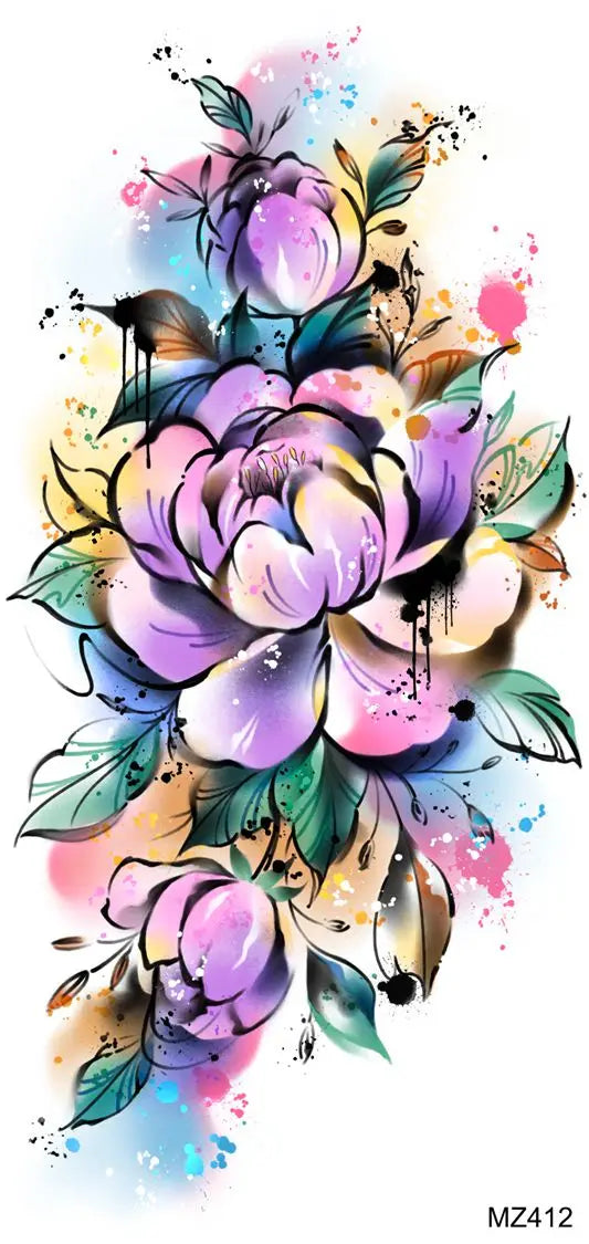 2pcs Watercolor Peony Rose Butterfly Temporary Tattoo Stickers