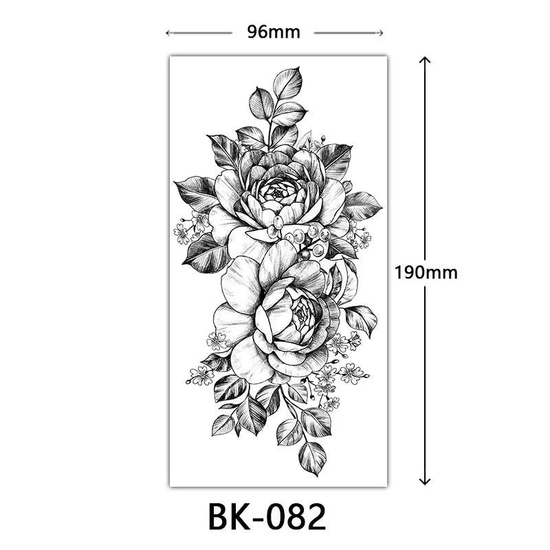 Black Floral Temporary Tattoo Stickers – Waterproof Fake Flower Tattoos for Hand, Arm, Body