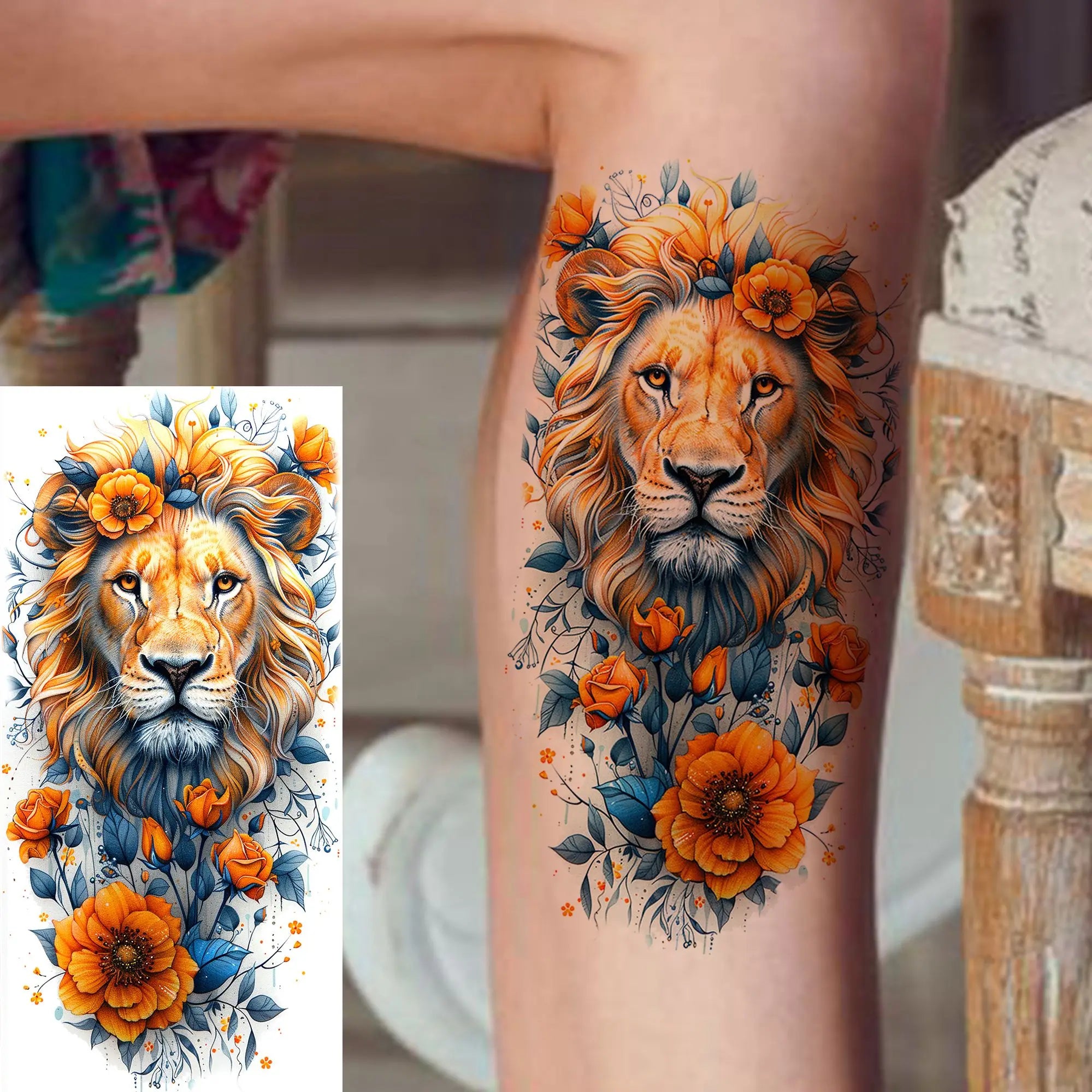 1 Sheet Watercolor Tiger Rose Temporary Tattoo Sticker – Waterproof Fake Tattoo with Floral & Bird Design