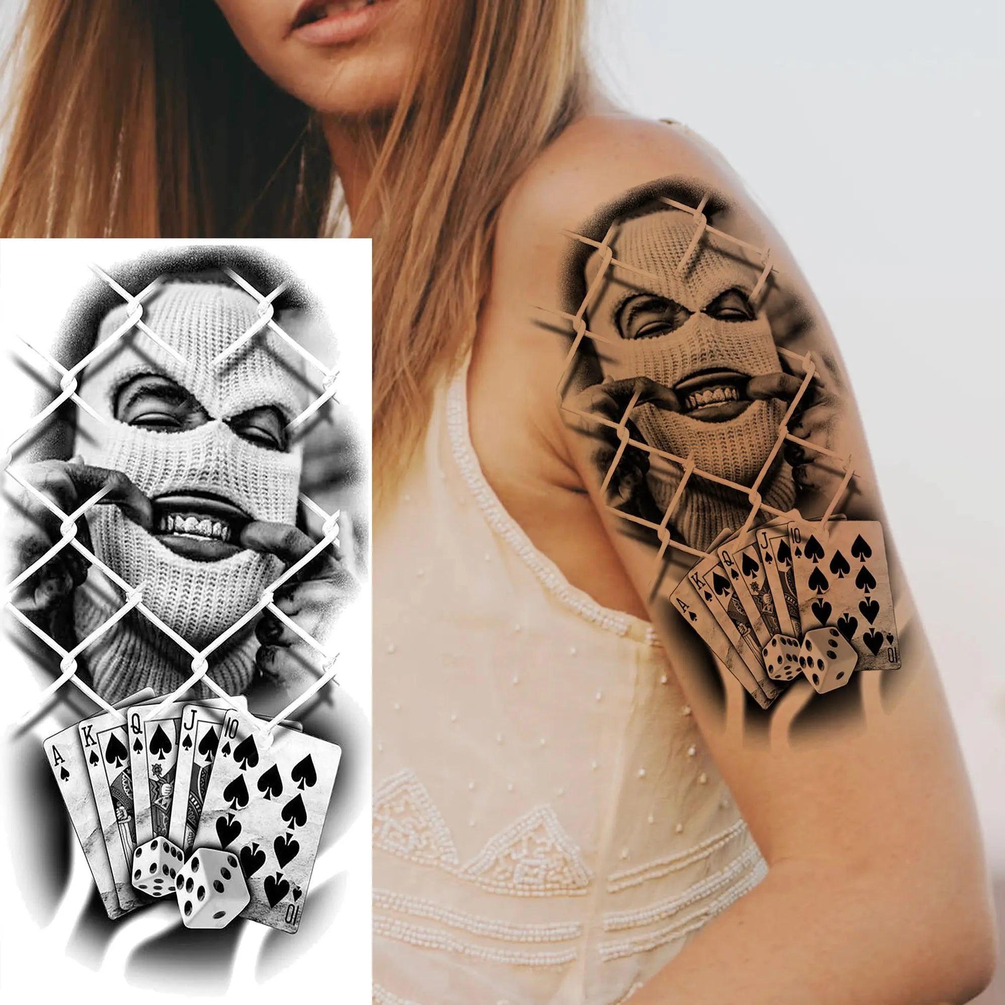 1 Sheet Gangster Joker Mask Poker Temporary Tattoo – Waterproof Fake Sleeve for Arm, Realistic Robber Rebel Design