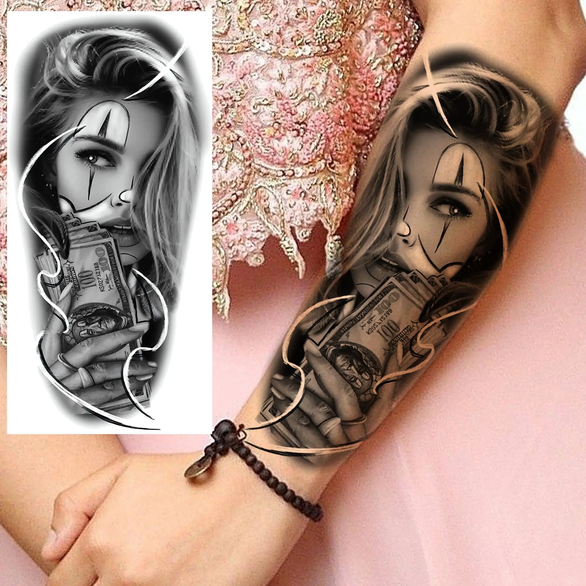 1 Sheet Gangster Joker Mask Poker Temporary Tattoo – Waterproof Fake Sleeve for Arm, Realistic Robber Rebel Design