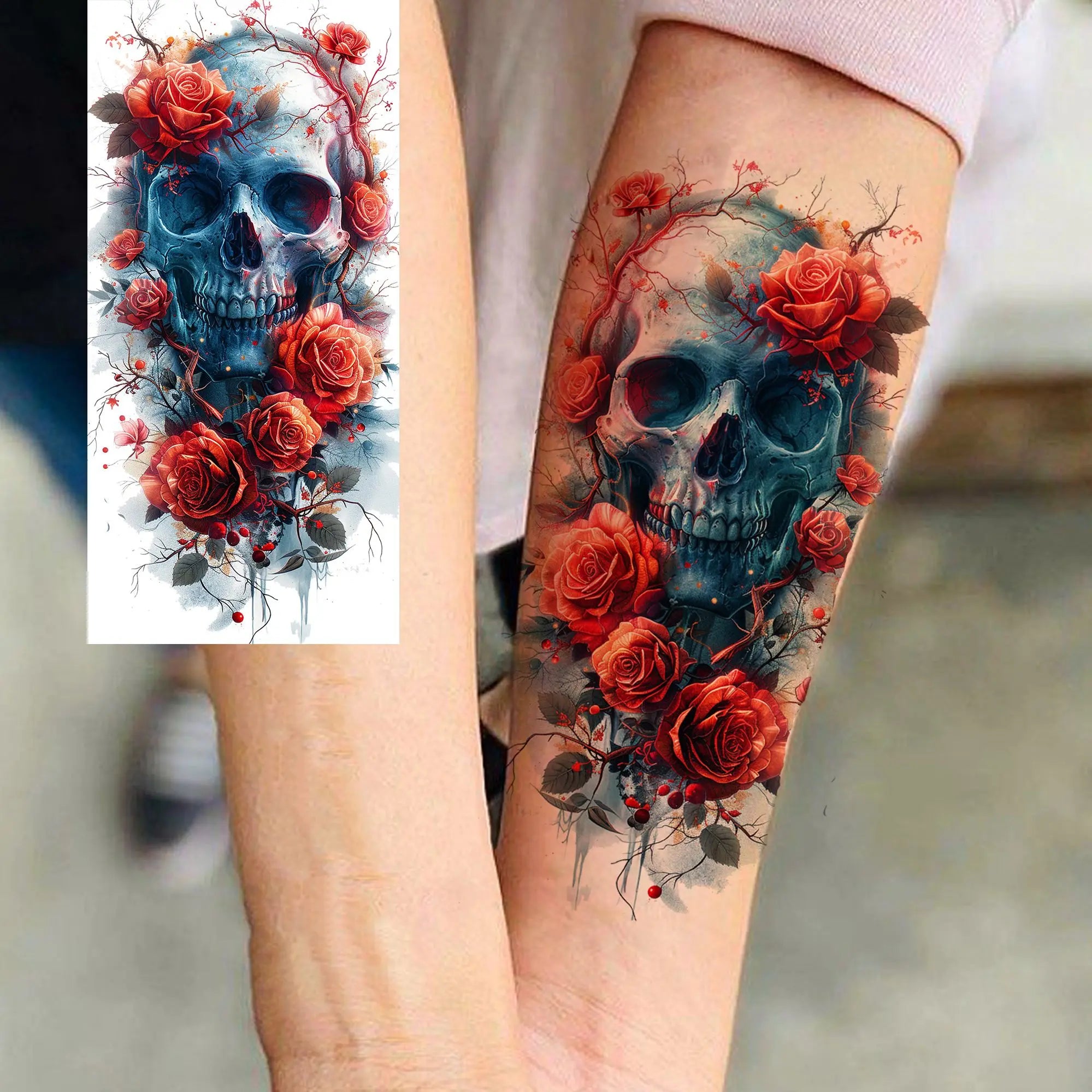 1 Sheet Watercolor Tiger Rose Temporary Tattoo Sticker – Waterproof Fake Tattoo with Floral & Bird Design