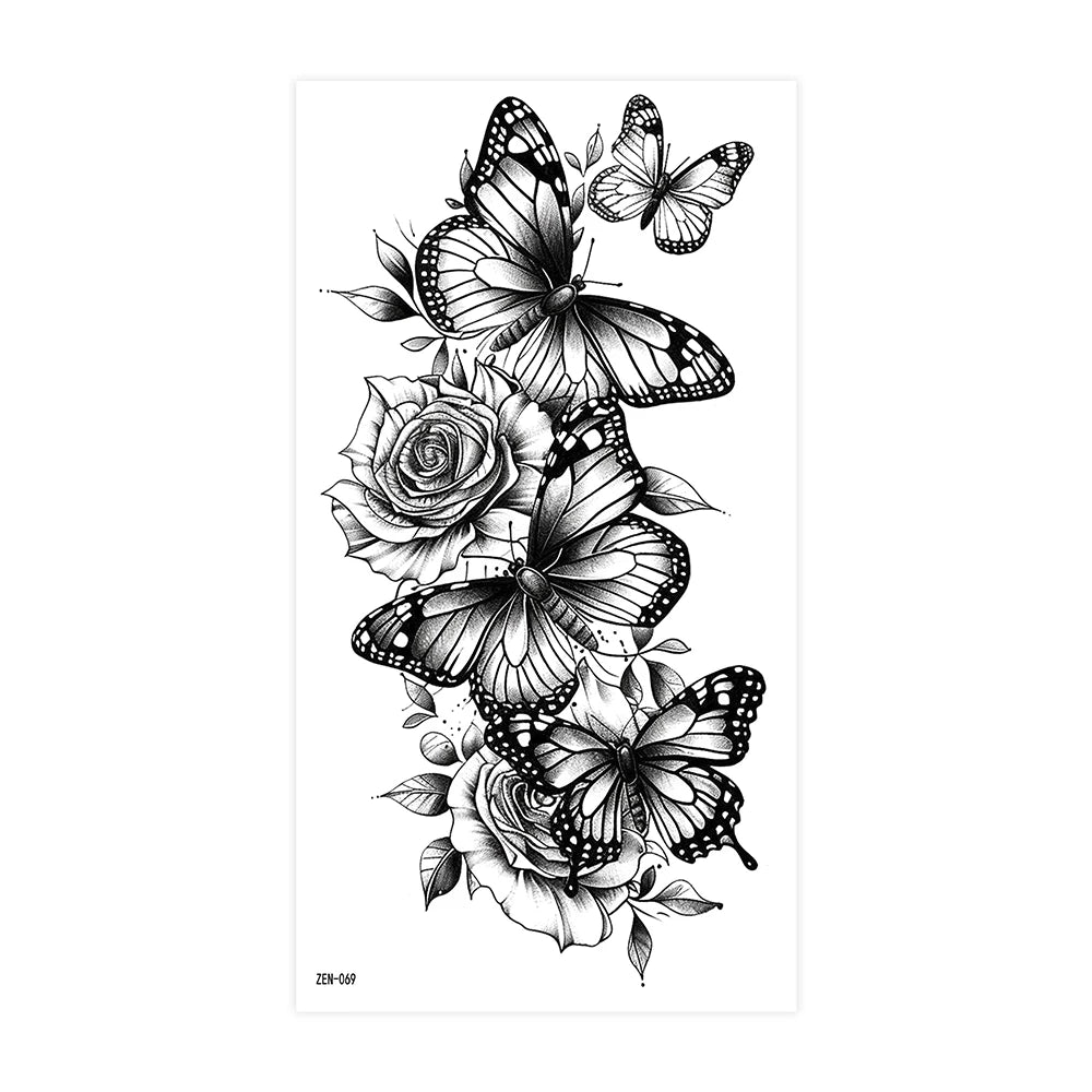 Realistic Flower Tattoo Sticker – Rose & Butterfly Design (1pc)