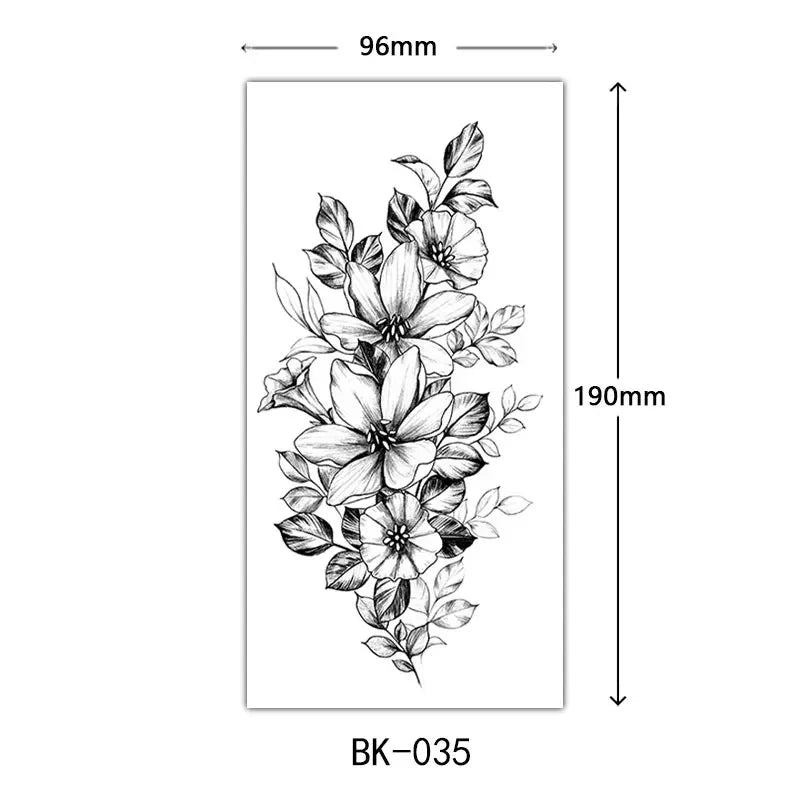 Black Floral Temporary Tattoo Stickers – Waterproof Fake Flower Tattoos for Hand, Arm, Body
