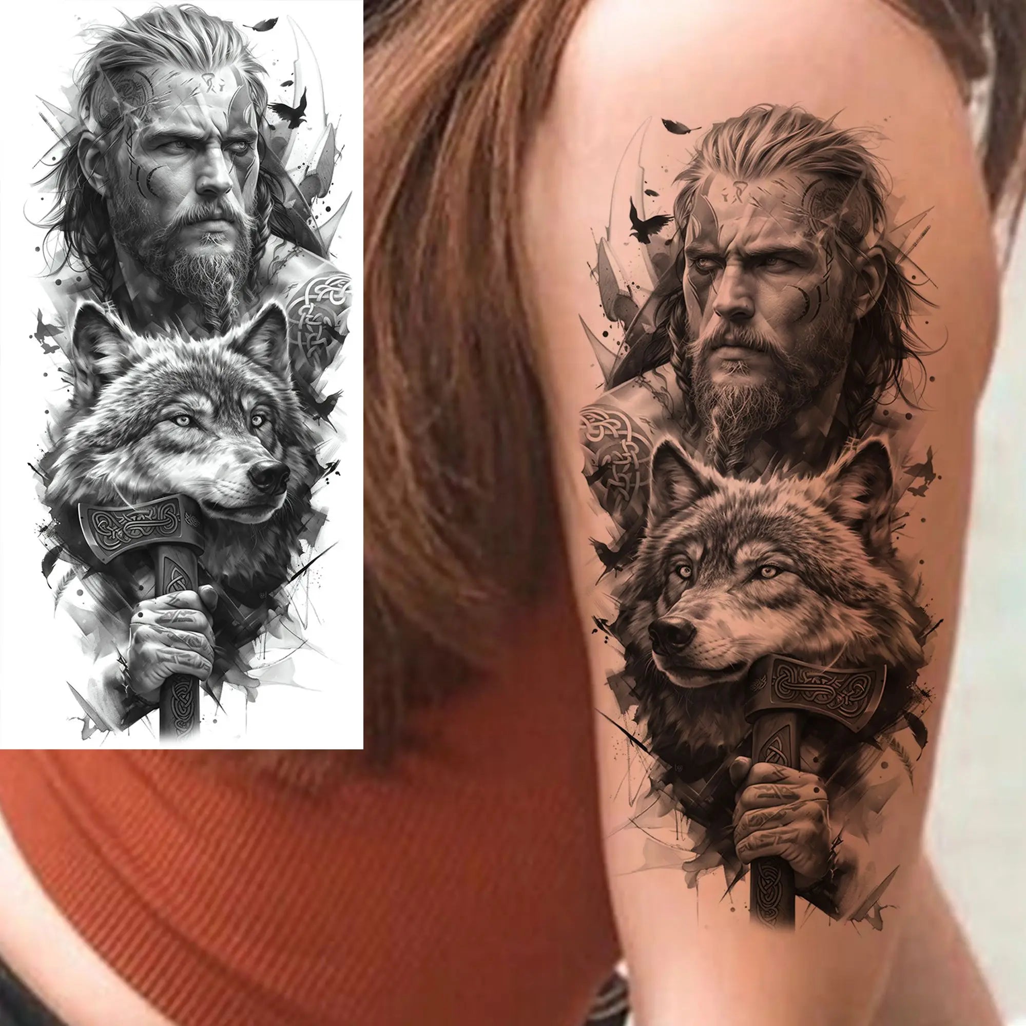 1pc Black Warrior Spartan Temporary Tattoo Stickers – Gladiator Helmet Lion Wolf Armor Design