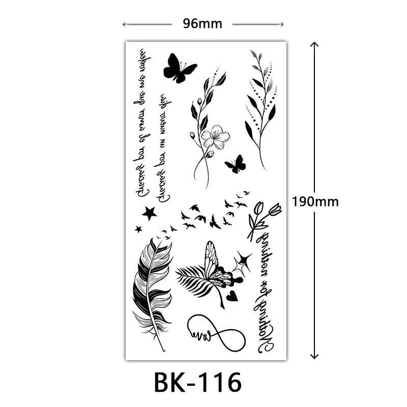 Black Floral Temporary Tattoo Stickers – Waterproof Fake Flower Tattoos for Hand, Arm, Body