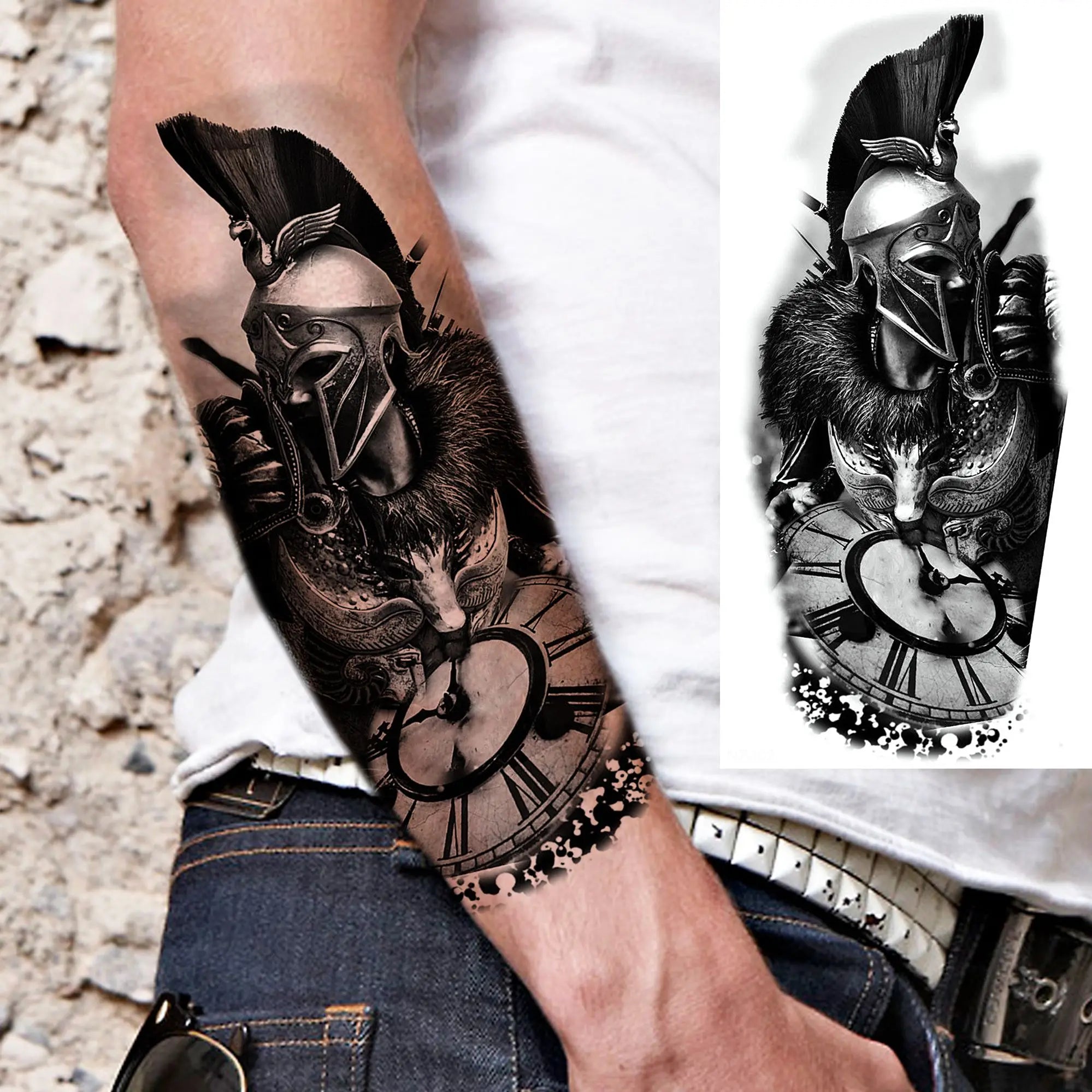 1pc Black Warrior Spartan Temporary Tattoo Stickers – Gladiator Helmet Lion Wolf Armor Design