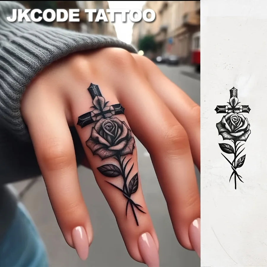Cross Rose Finger Tattoo Sticker – Waterproof Semi-Permanent Botanical Fake Tattoo