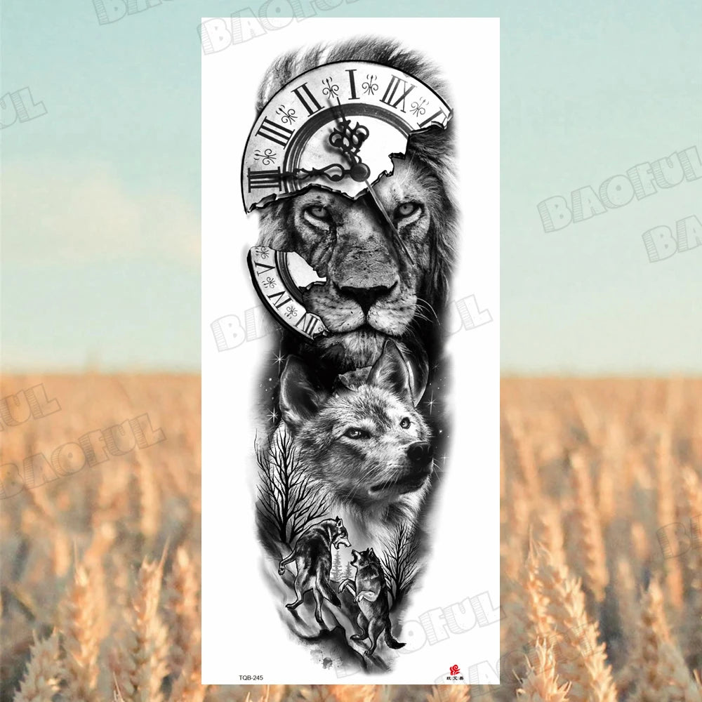 1 Sheet Wolf Lion Maori Flower Arm Sleeve Temporary Tattoo Sticker – Realistic Waterproof Fake Tattoos for Body