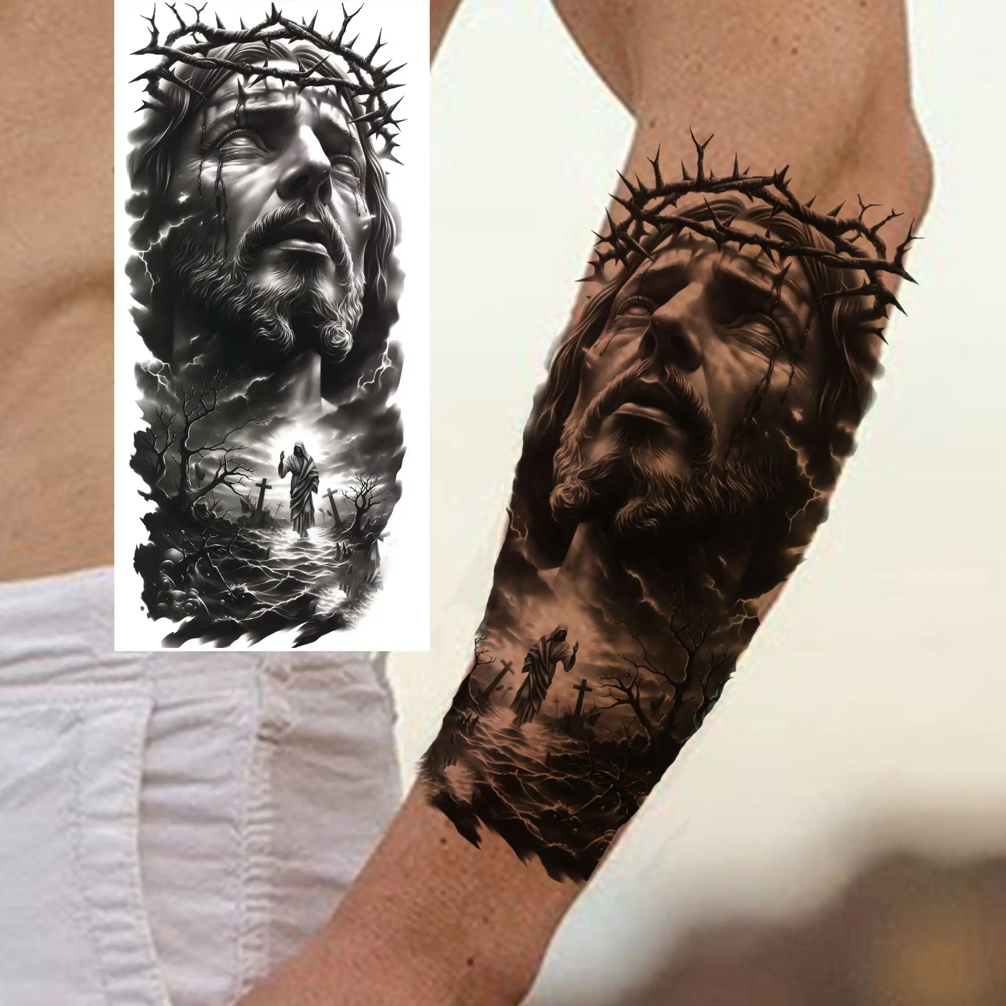 1pc Jesus Pray Cross Temporary Tattoo Stickers – Realistic Christian Fake Tattoos for Arm Chest Leg