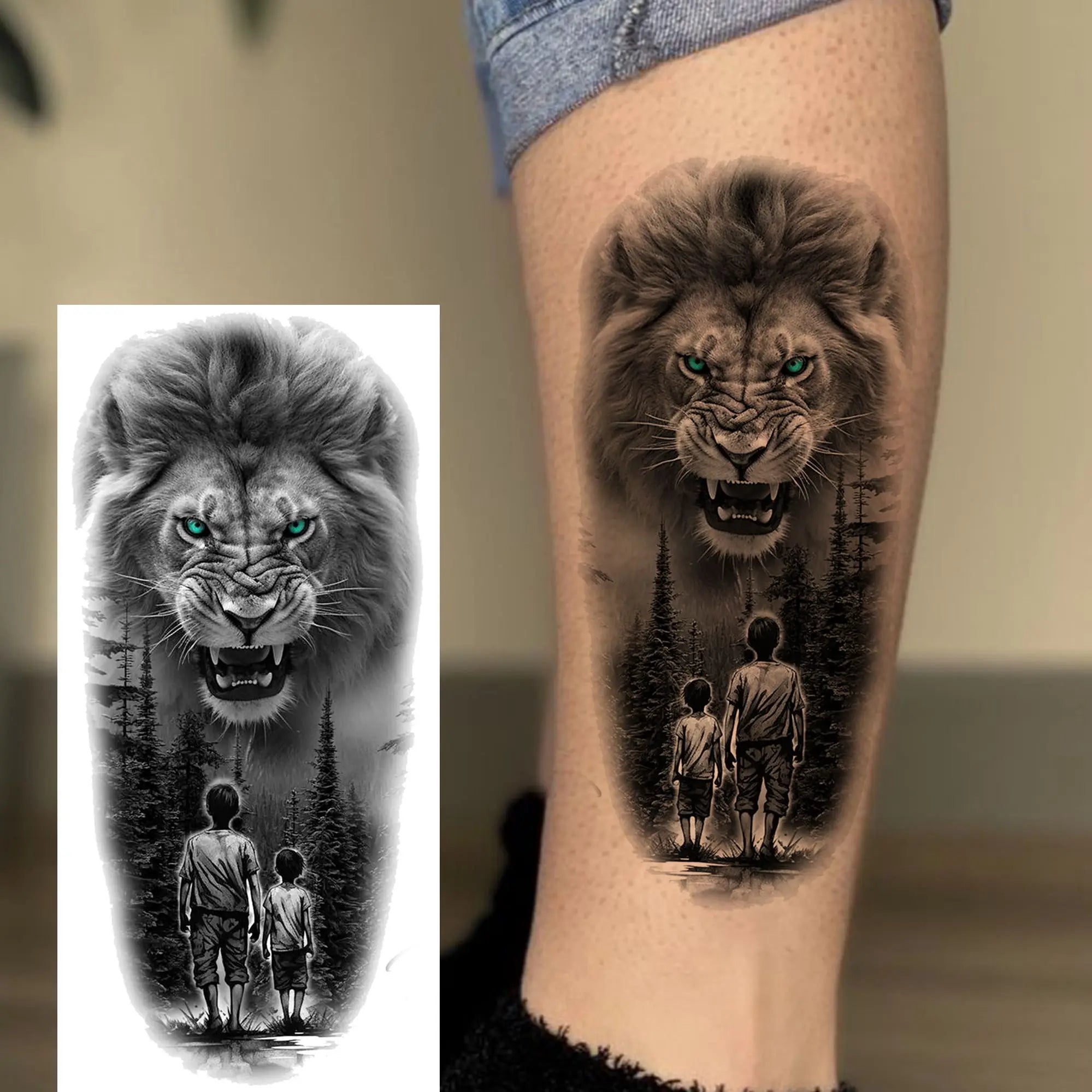 1pc Black Animal Realism Temporary Tattoo Stickers - Tiger Lion Wolf Clock Skull Eye