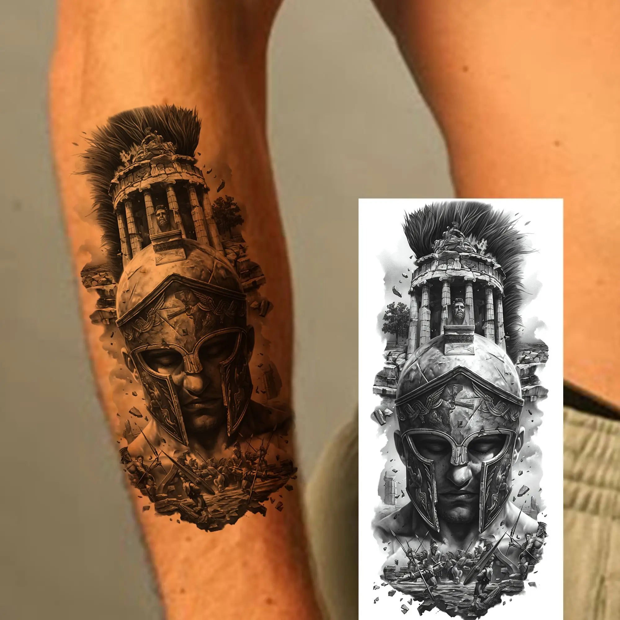 1pc Black Warrior Spartan Temporary Tattoo Stickers – Gladiator Helmet Lion Wolf Armor Design