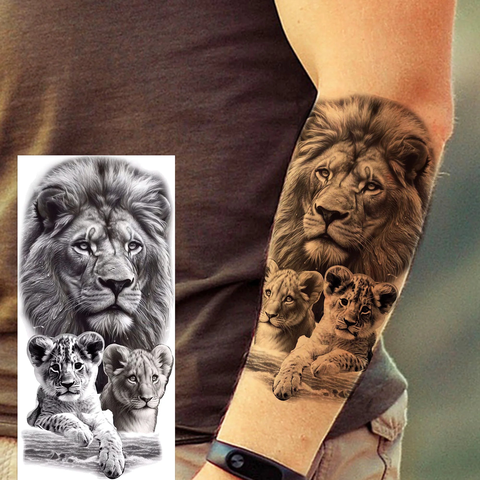 1pc Black Animal Realism Temporary Tattoo Stickers - Tiger Lion Wolf Clock Skull Eye