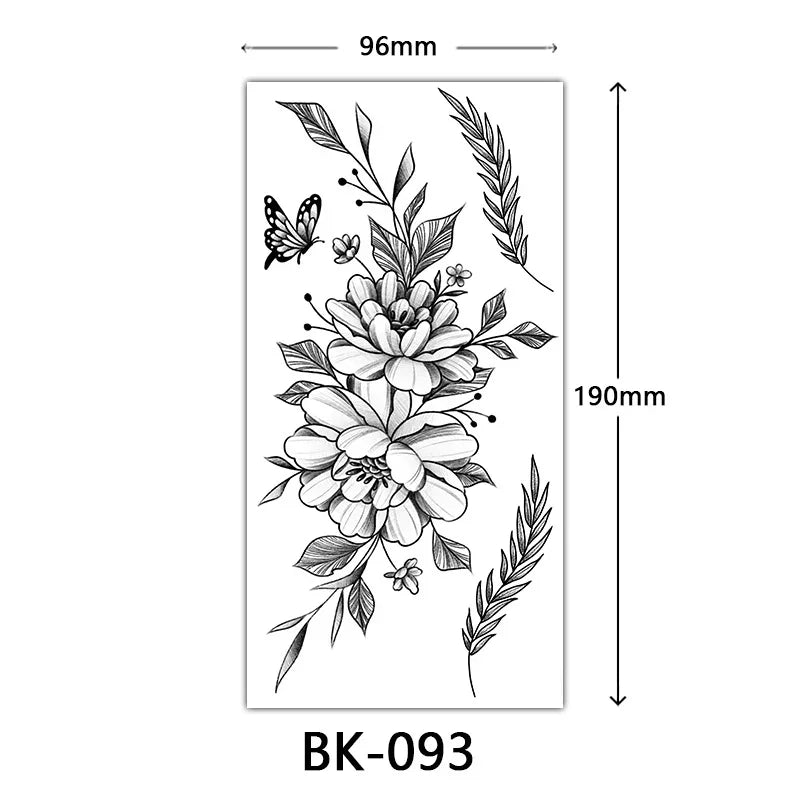 Black Floral Temporary Tattoo Stickers – Waterproof Fake Flower Tattoos for Hand, Arm, Body