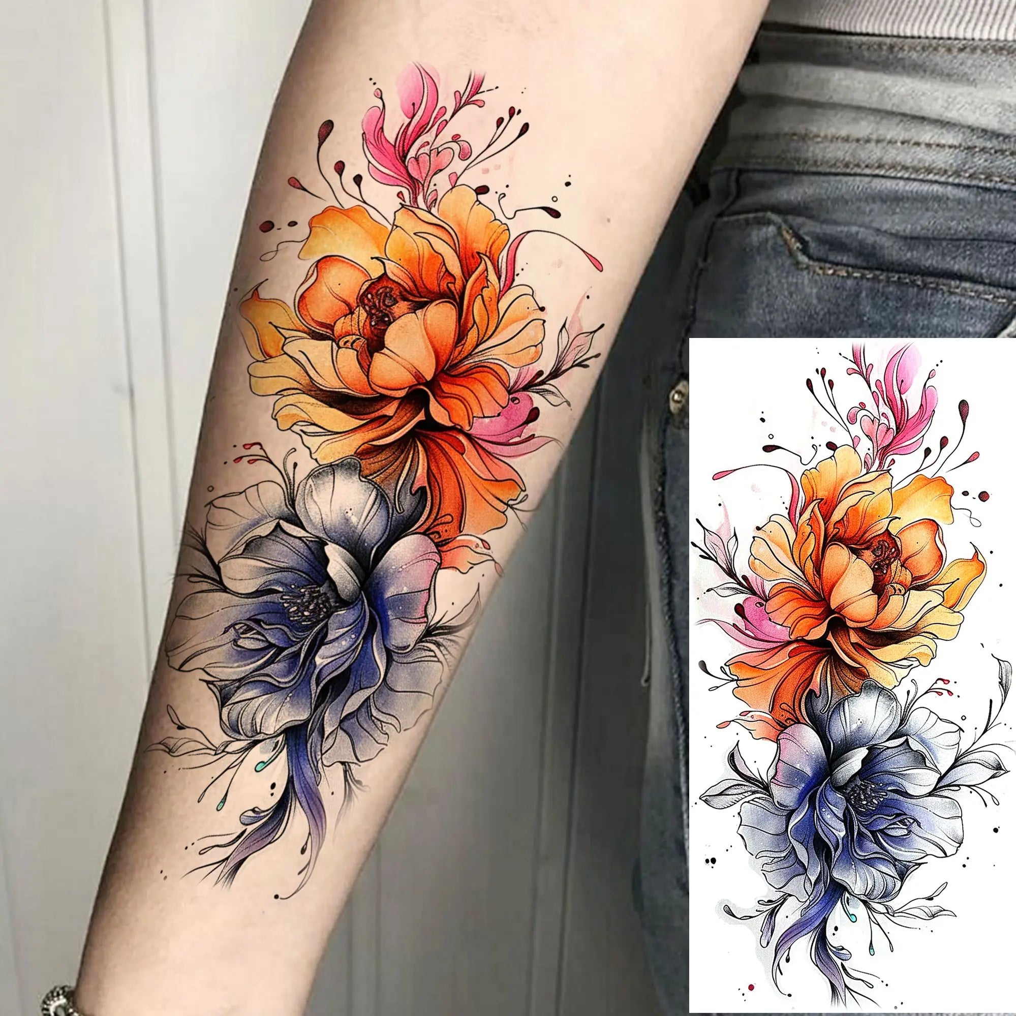 1 Sheet Watercolor Tiger Rose Temporary Tattoo Sticker – Waterproof Fake Tattoo with Floral & Bird Design