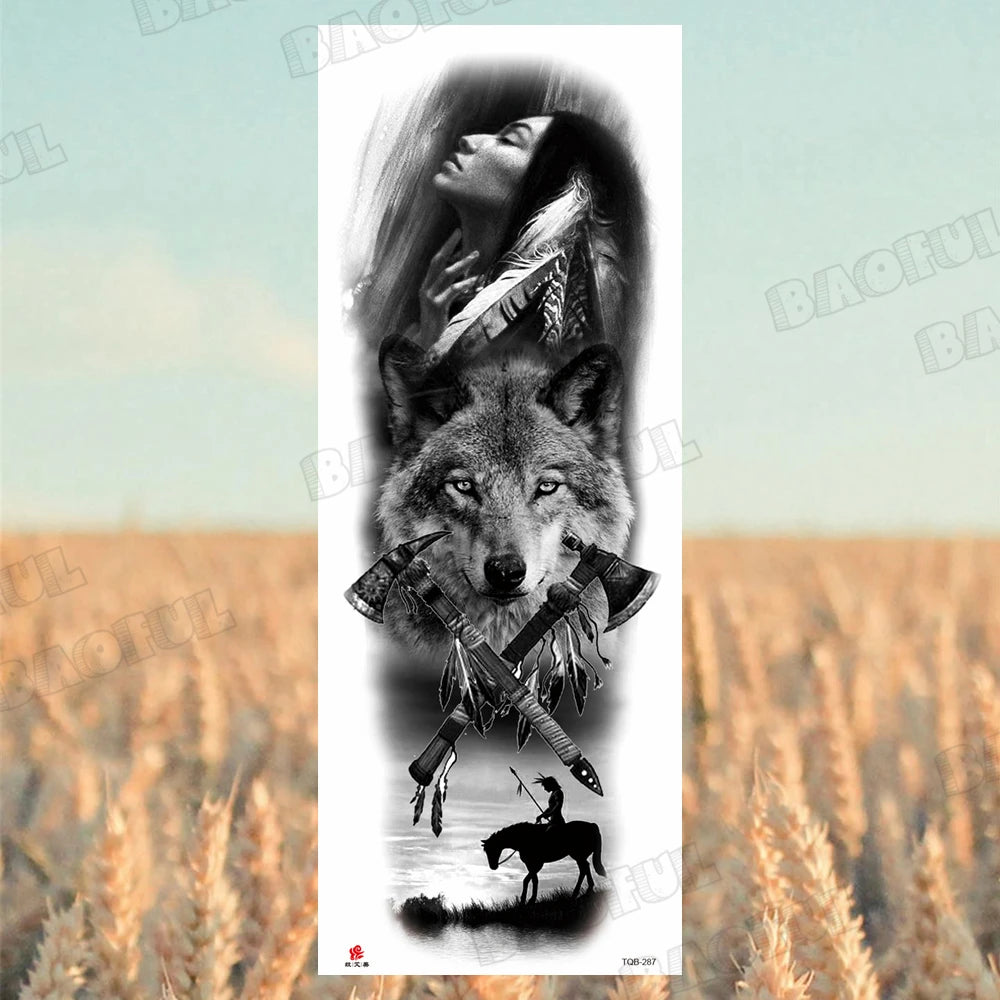 1 Sheet Wolf Lion Maori Flower Arm Sleeve Temporary Tattoo Sticker – Realistic Waterproof Fake Tattoos for Body