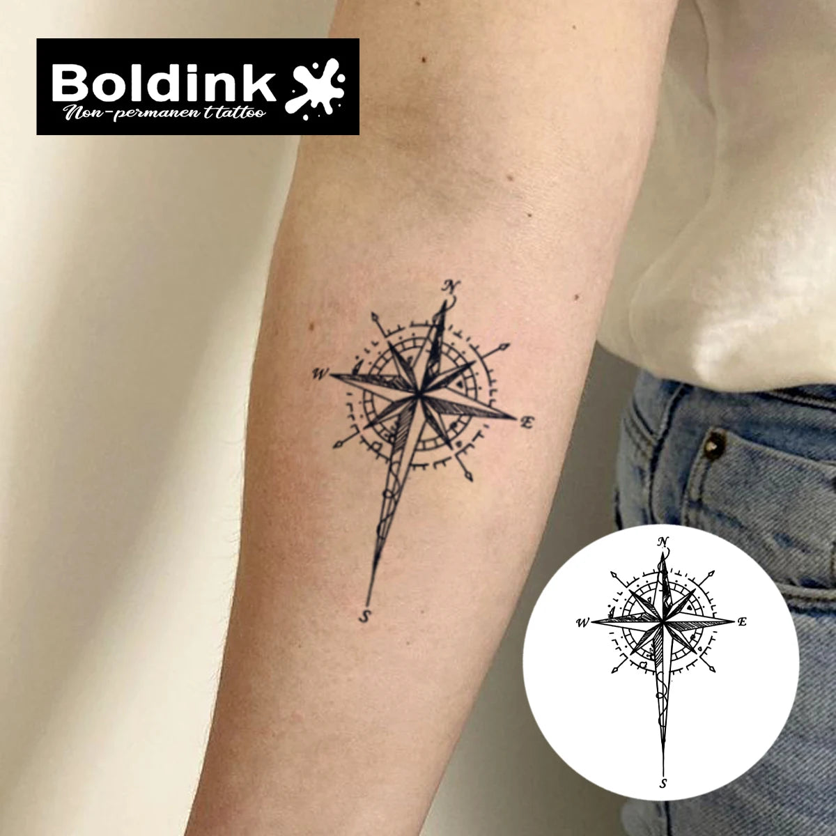 Compass North – Fine Line Temporary Tattoo (1PC)