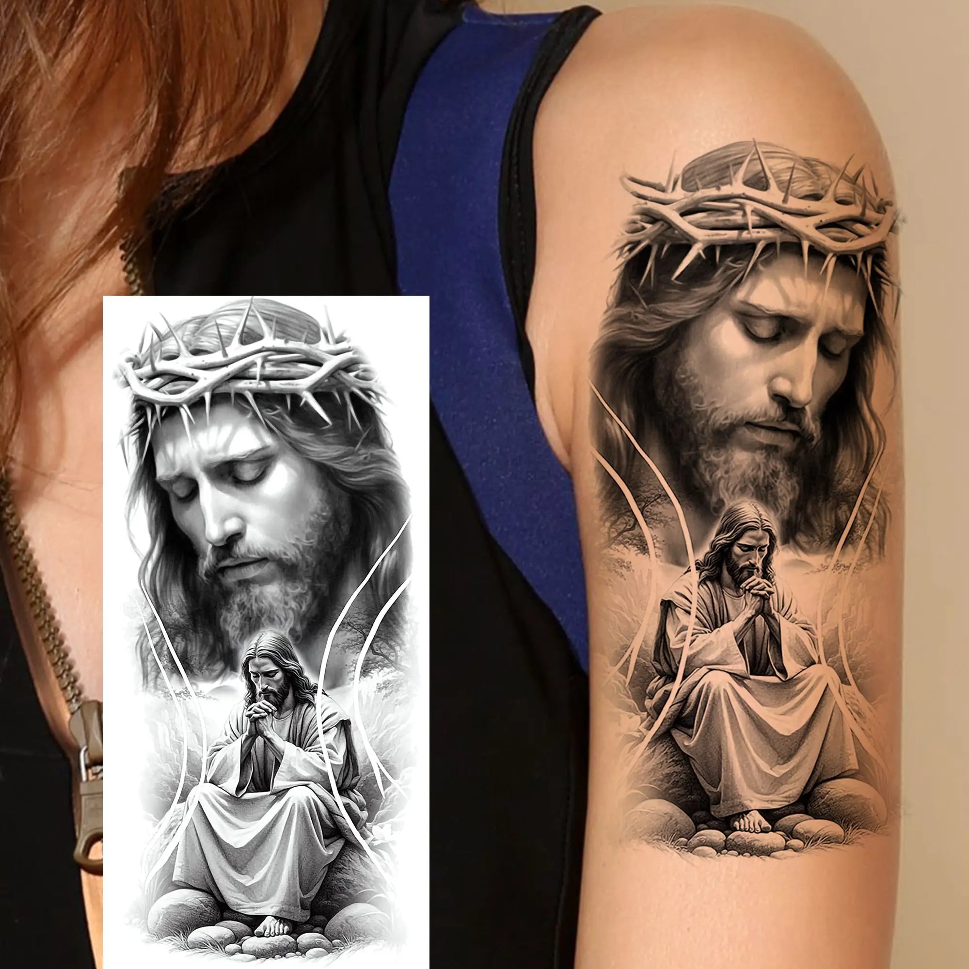 1pc Black Jesus Mary Cross Temporary Tattoo Stickers – Realistic Christian Prayer Tattoo Waterproof