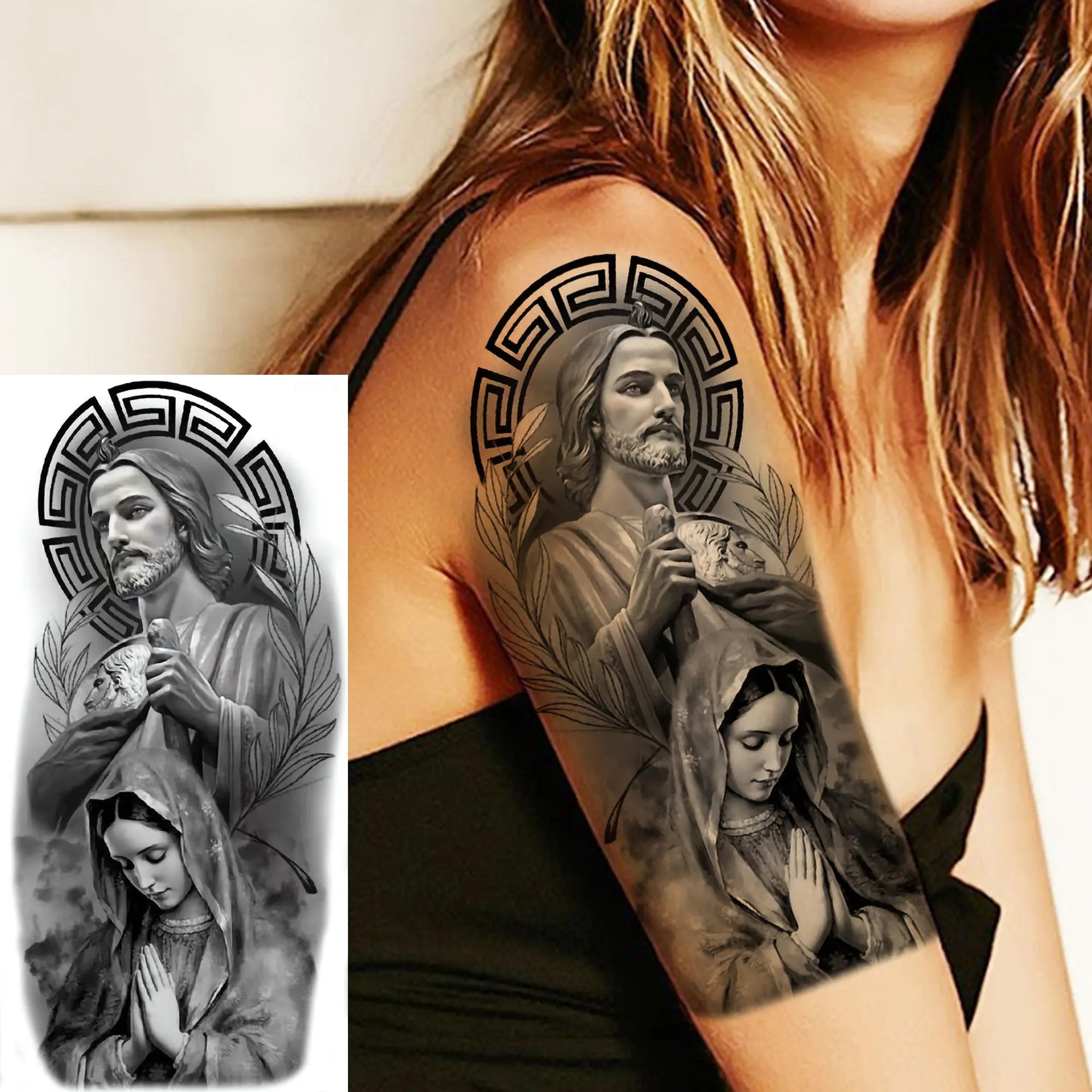 1pc Black Jesus Mary Cross Temporary Tattoo Stickers – Realistic Christian Prayer Tattoo Waterproof