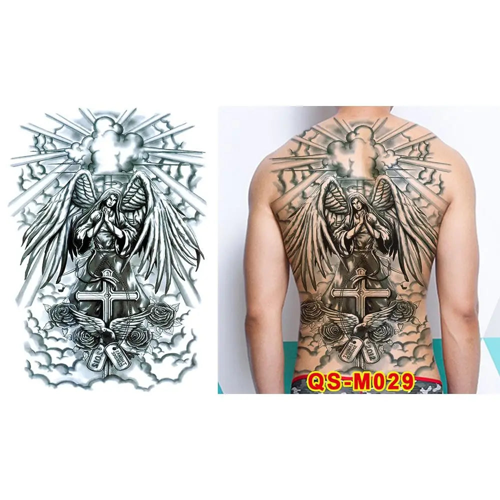 Full Back Water Transfer Tattoo Stickers – Angel Wings, Cross, Warrior Style Fake Tattoo for Men