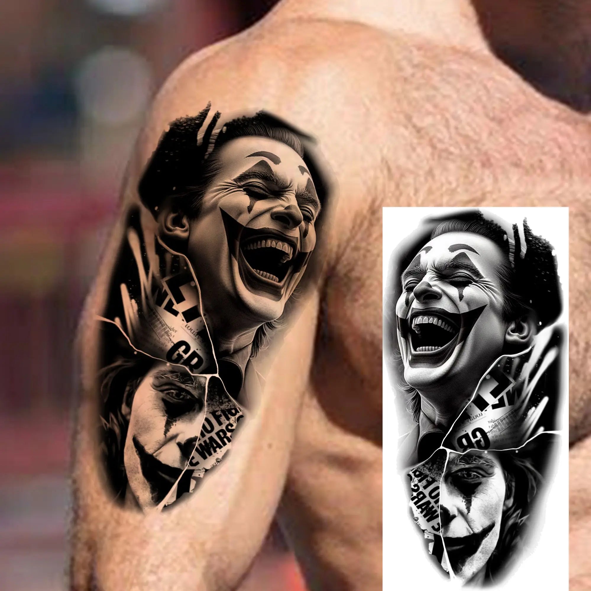 1 Sheet Gangster Joker Mask Poker Temporary Tattoo – Waterproof Fake Sleeve for Arm, Realistic Robber Rebel Design