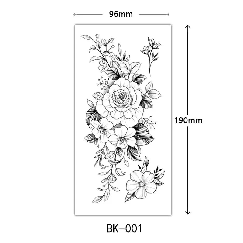 Black Floral Temporary Tattoo Stickers – Waterproof Fake Flower Tattoos for Hand, Arm, Body