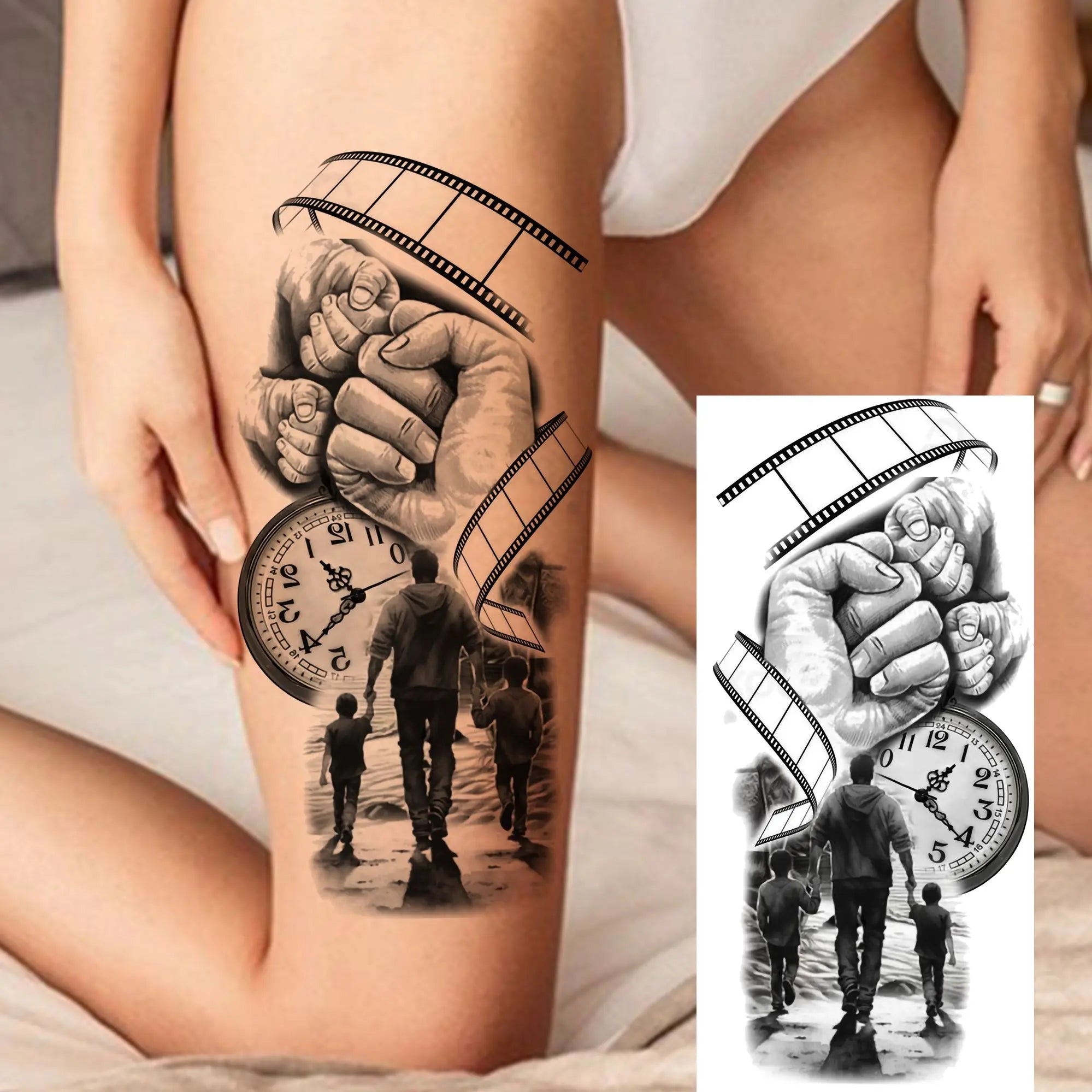 1pc Black Animal Realism Temporary Tattoo Stickers - Tiger Lion Wolf Clock Skull Eye