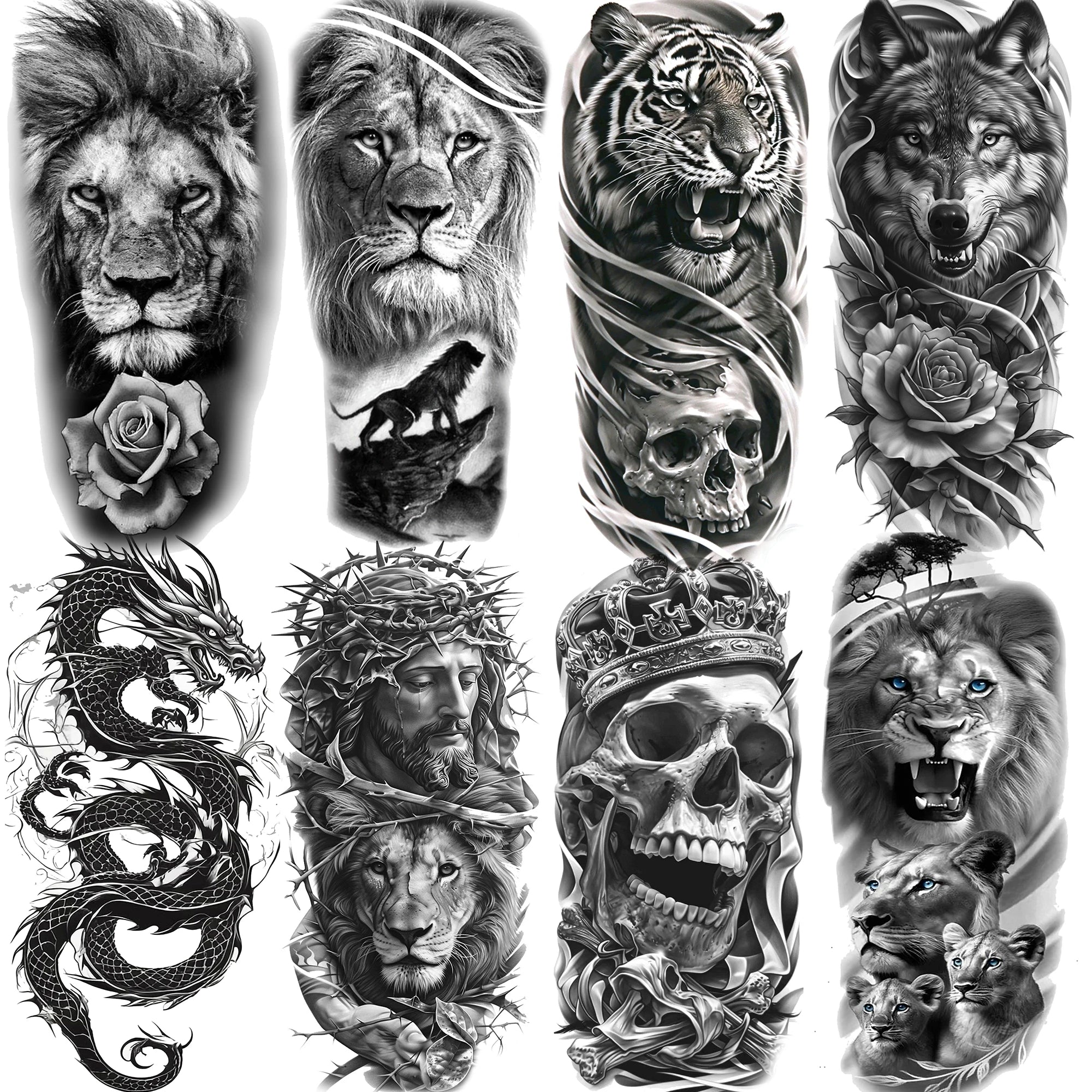 Lion Tiger Wolf Skull Dragon Temporary Tattoo – Realistic 3D Fake Tattoo Sticker (1 Sheet)
