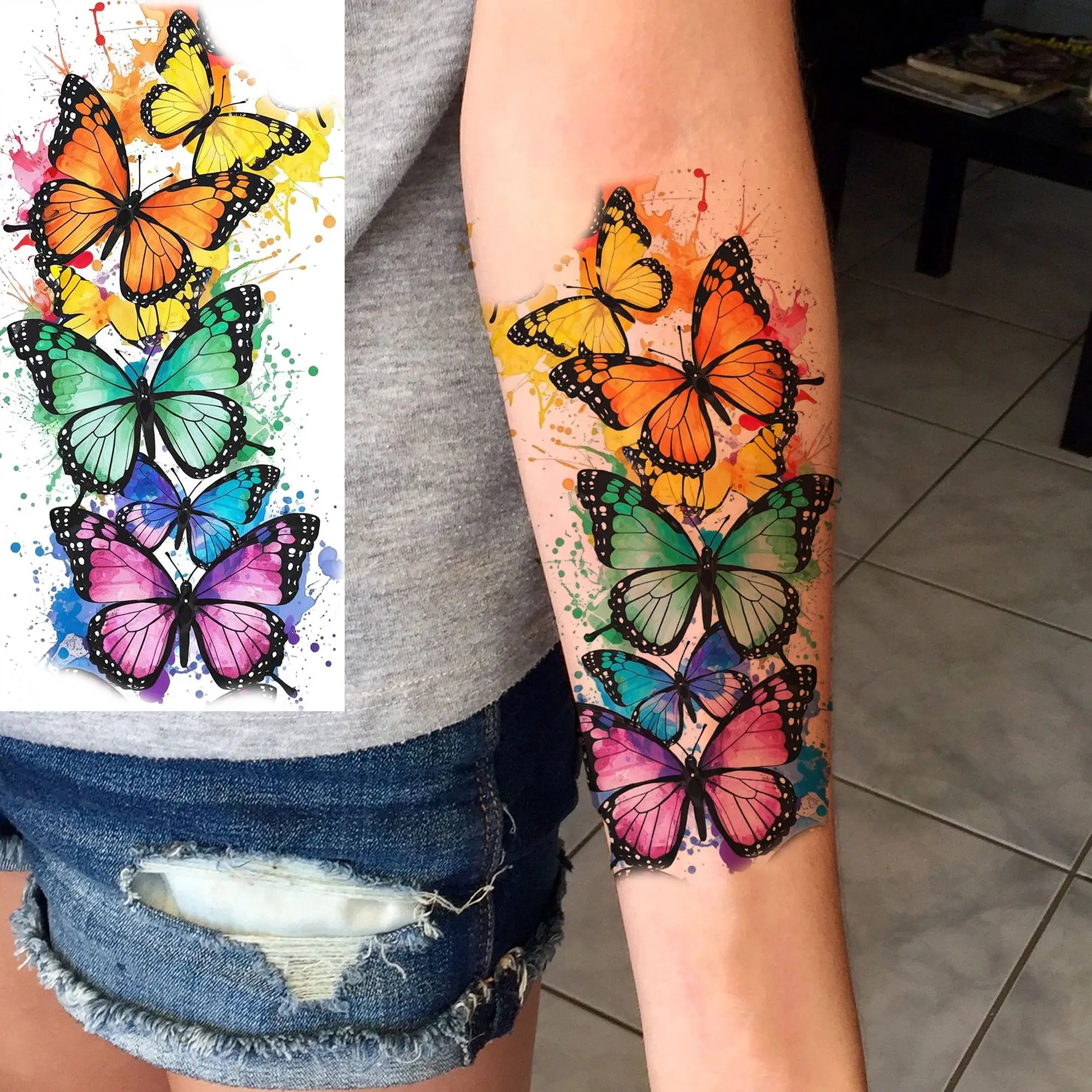 Watercolor Flower & Butterfly Tattoo – Realistic Waterproof Temporary Sticker (1 Sheet)