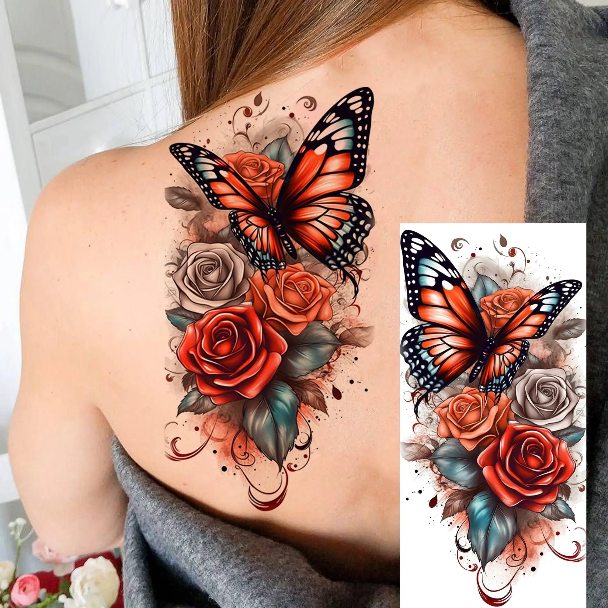 Watercolor Flower & Butterfly Tattoo – Realistic Waterproof Temporary Sticker (1 Sheet)