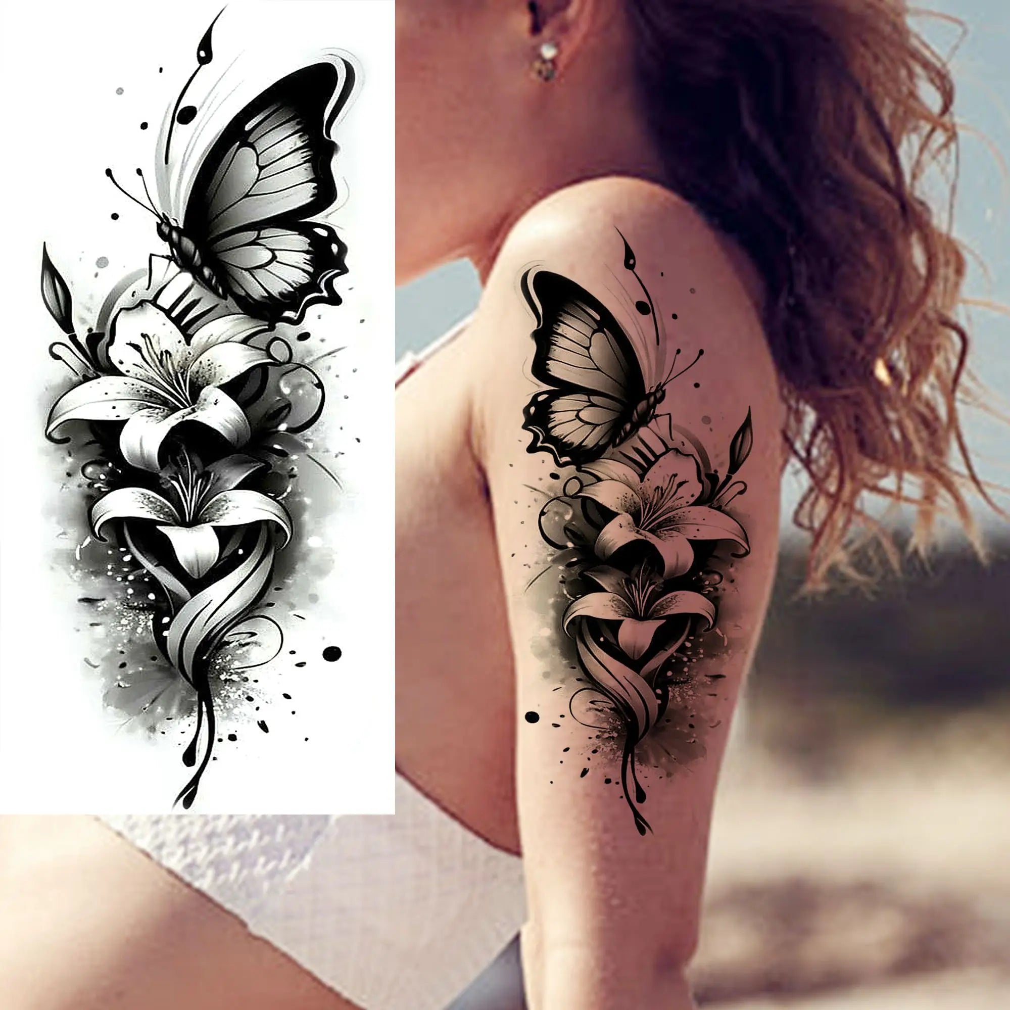 Watercolor Flower & Butterfly Tattoo – Realistic Waterproof Temporary Sticker (1 Sheet)