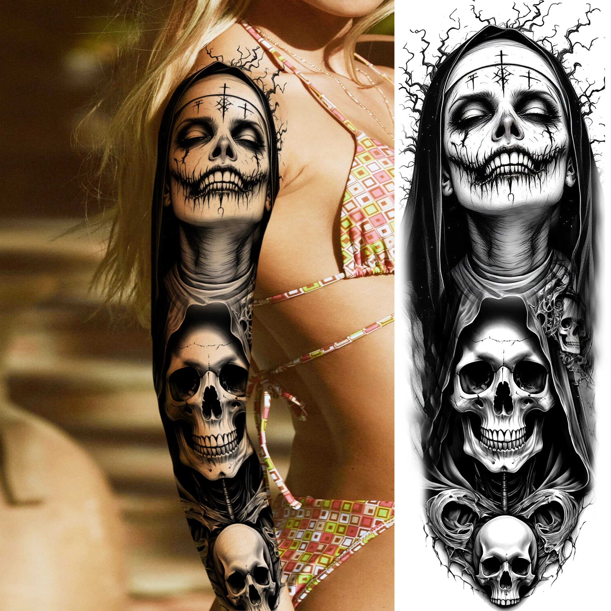1 Sheet Zeus Jesus Skull Arm Temporary Tattoo Stickers – Waterproof Fake Sleeve Tattoo for Arm and Leg