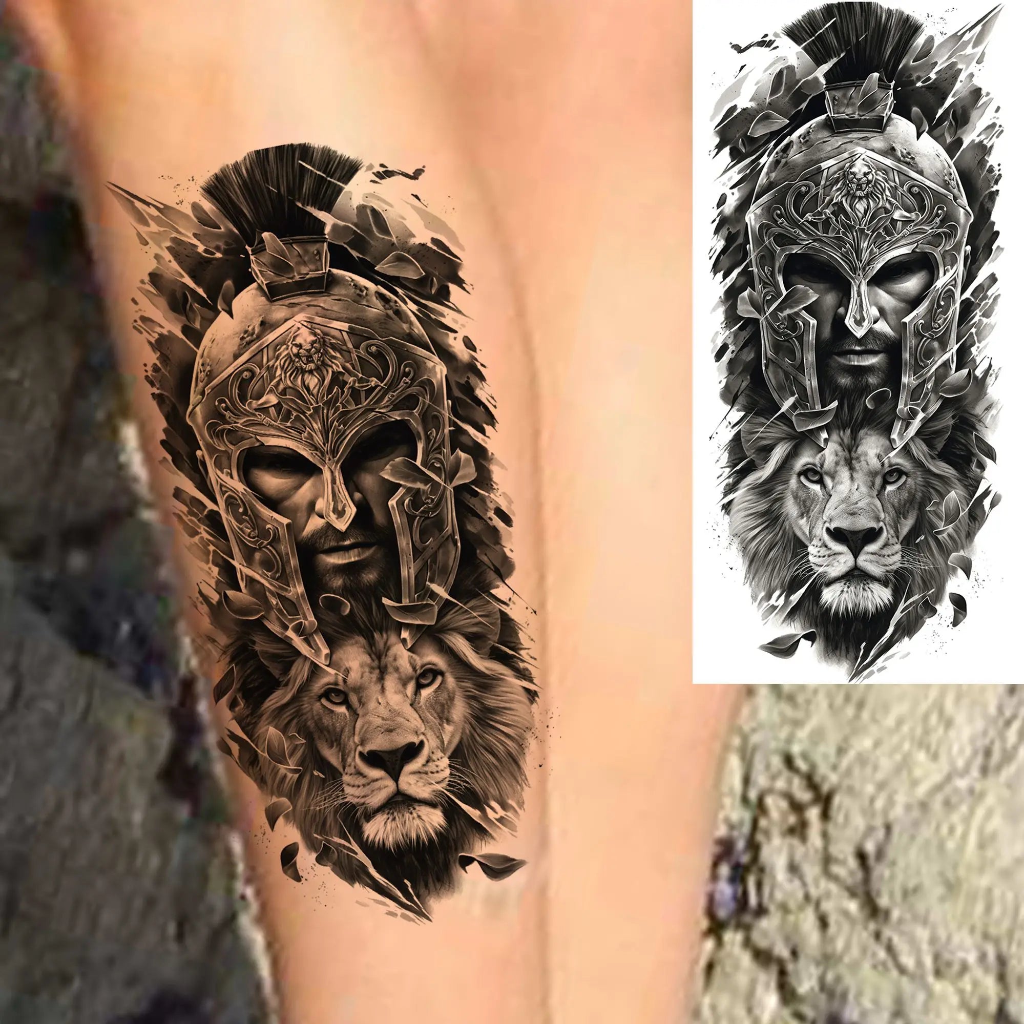 1pc Black Warrior Spartan Temporary Tattoo Stickers – Gladiator Helmet Lion Wolf Armor Design