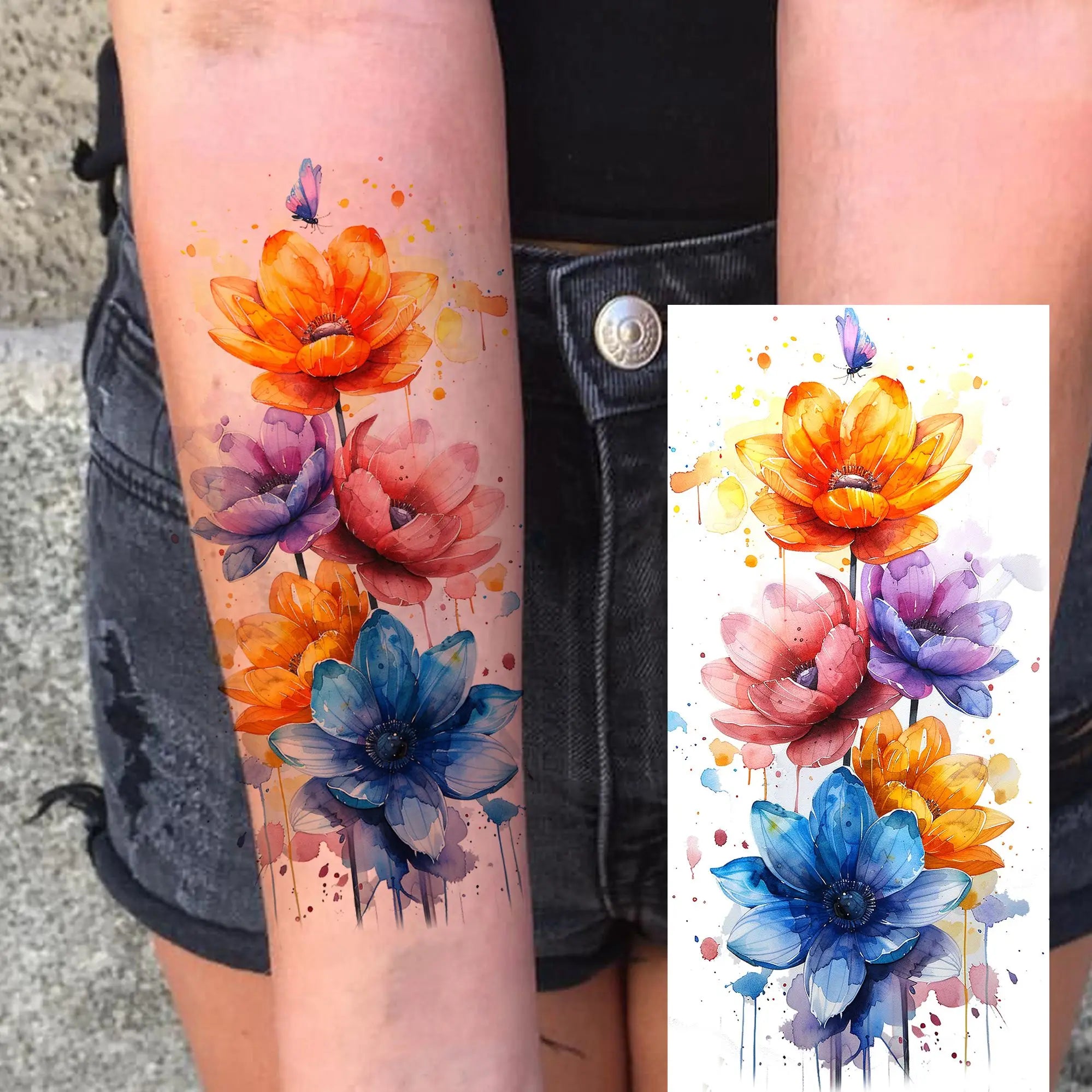 Watercolor Flower & Butterfly Tattoo – Realistic Waterproof Temporary Sticker (1 Sheet)