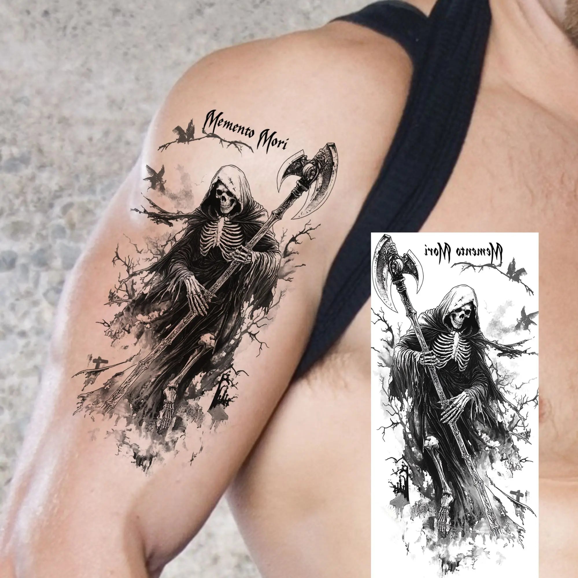 Grim Reaper Skull Pirate Temporary Tattoo – Halloween Fake Tattoo Sticker (1 Sheet)