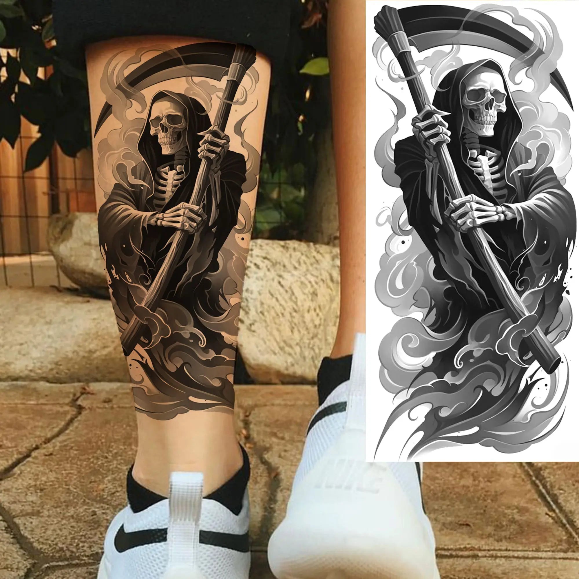 Grim Reaper Skull Pirate Temporary Tattoo – Halloween Fake Tattoo Sticker (1 Sheet)